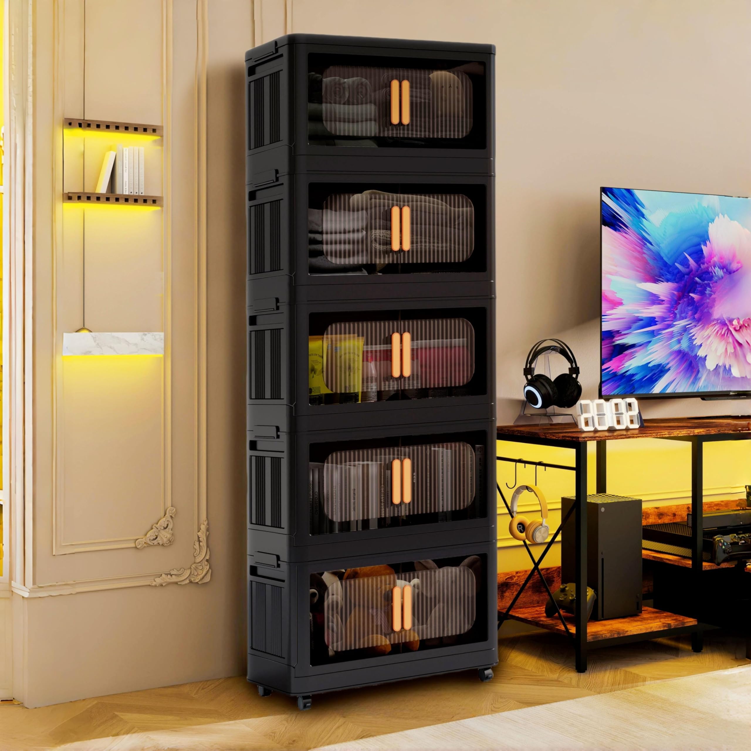Holaki 5-Tier Collapsible Closet Organizer with Lids - Stackable Plastic Storage Bins with Wheels & Magnetic Door for Bedroom, Closet, Office (Black) - Space Saving Storage Solution for Clothes, Toys & Home Organization