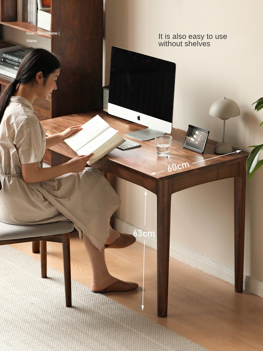 Solid Black Walnut Wood Bookshelf Table - Modern Integrated Study Desk & Storage Shelf for Home Office, Living Room, and Library Use