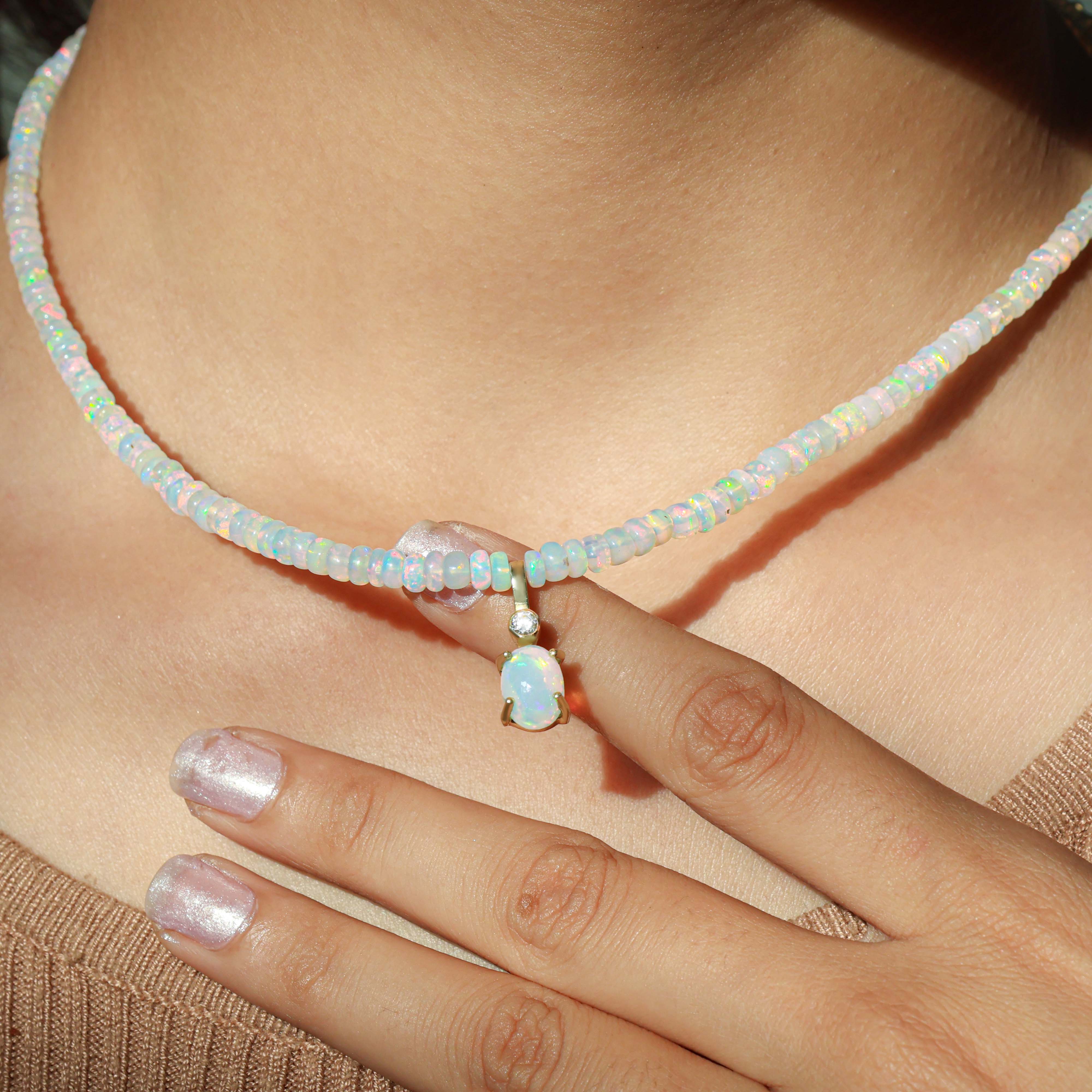 Natural White Opal Oval Pendant Necklace with Zircon Beads – Elegant Jewelry for Women, Perfect for Weddings, Parties & Special Occasions