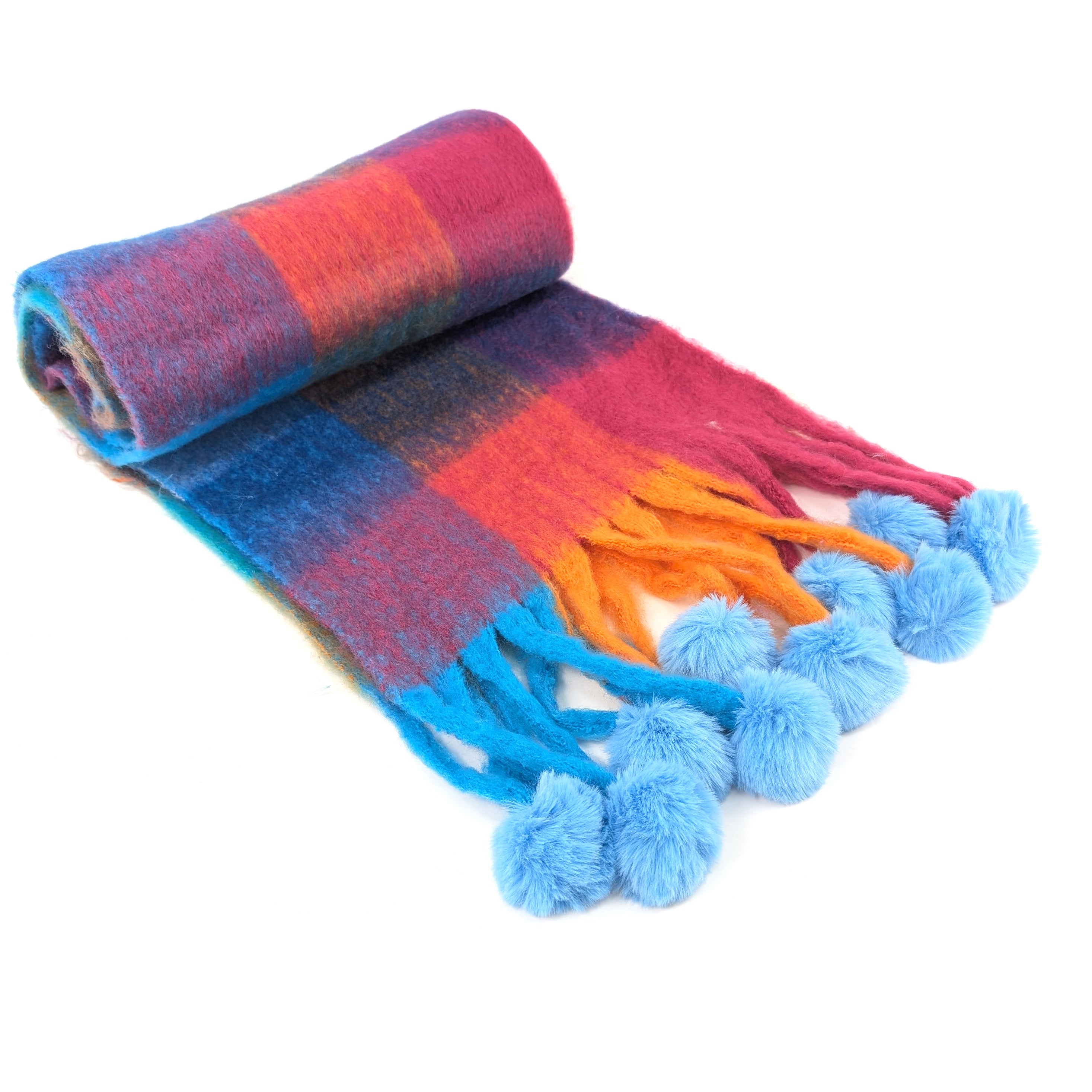 Skala Extra Thick Check PomPom Scarf (40x210cm) - Bold Colors for Winter Fashion, Women's Knitted Wool Scarf for Cold Weather, Christmas Gift