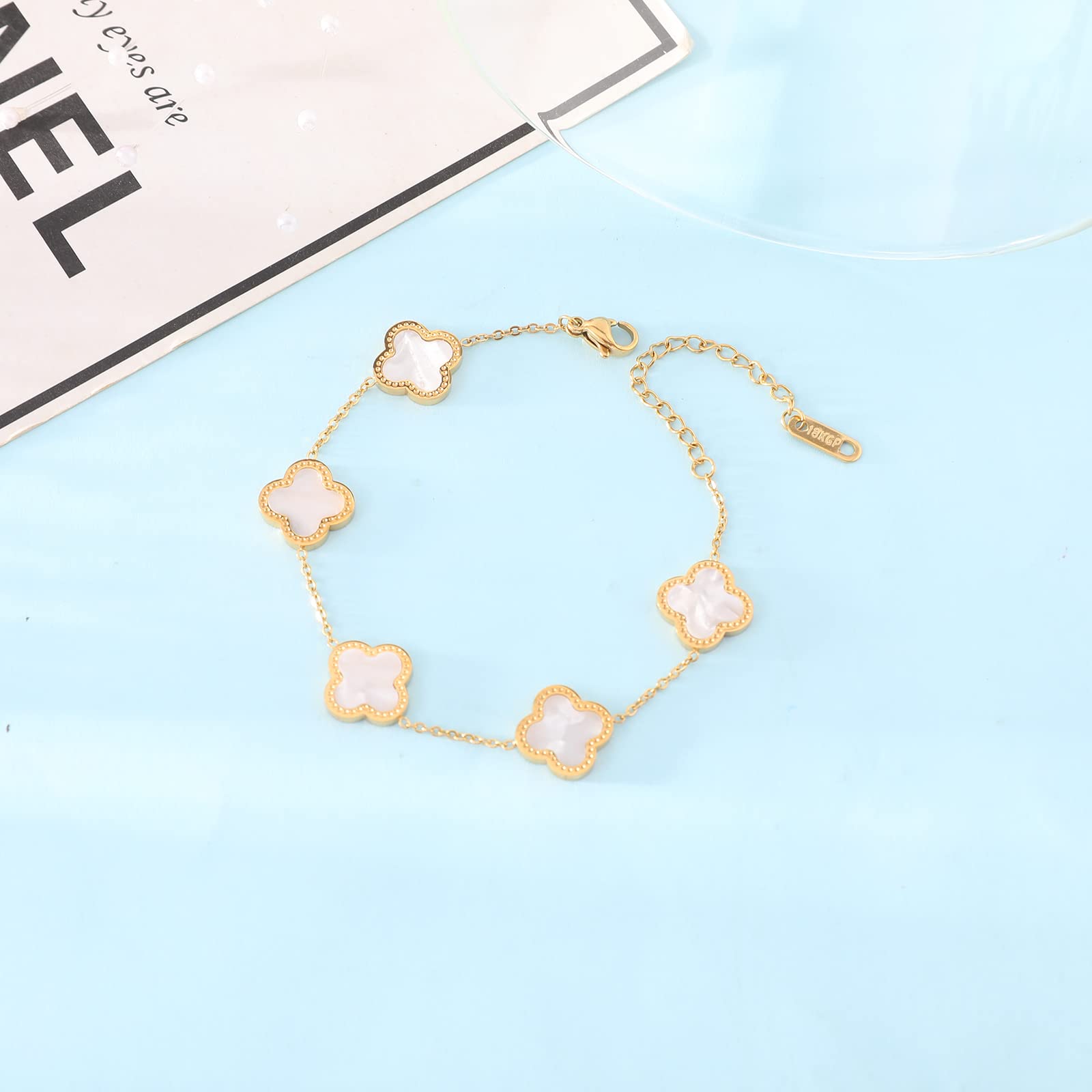 Trendy 18K Gold Plated Four Leaf Clover Adjustable Link Bracelet for Women - Lucky Charm Jewelry Gift for Mom, Birthday, Anniversary & Everyday Wear