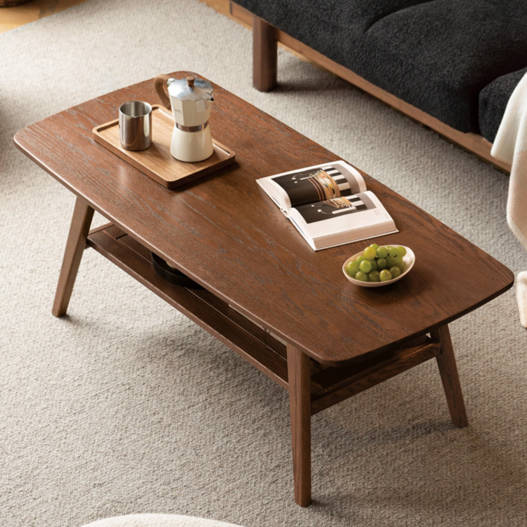 Solid Oak Wood Walnut Finish Double Layer Coffee Table - Modern Living Room Furniture for Home Decor & Small Space