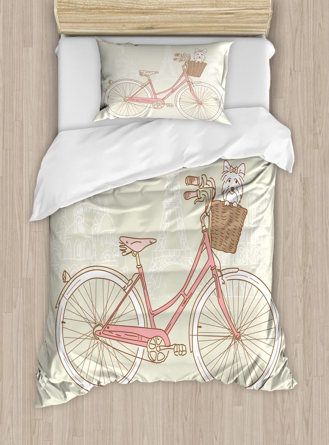 Ambesonne Dog Duvet Cover Set - Romantic Paris Postcard Design with Dog in Bicycle Basket Illustration, 2-Piece Twin Size Bedding Set (Duvet Cover + Pillowcase), Eggshell & Coral Colors - Perfect for Pet Lovers' Bedroom Decor & Cozy Home Styling