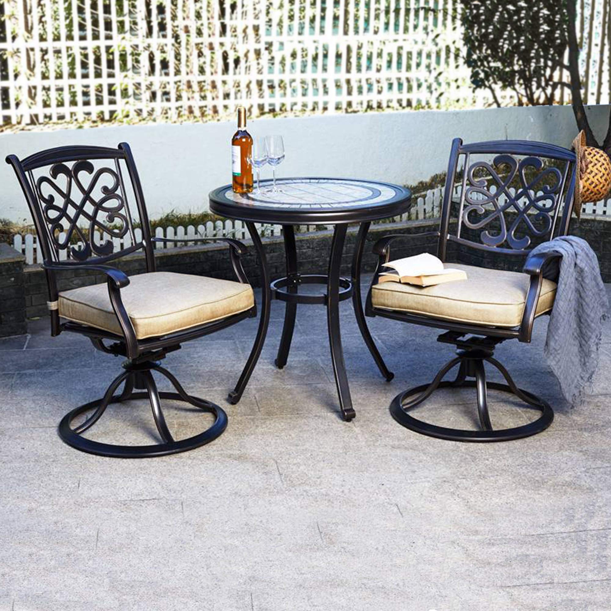 DALI 3-Piece Bistro Set - Handmade Contemporary Round Patio Table with Glider Chairs, Outdoor Garden Furniture for Backyard, Deck, and Poolside Relaxation