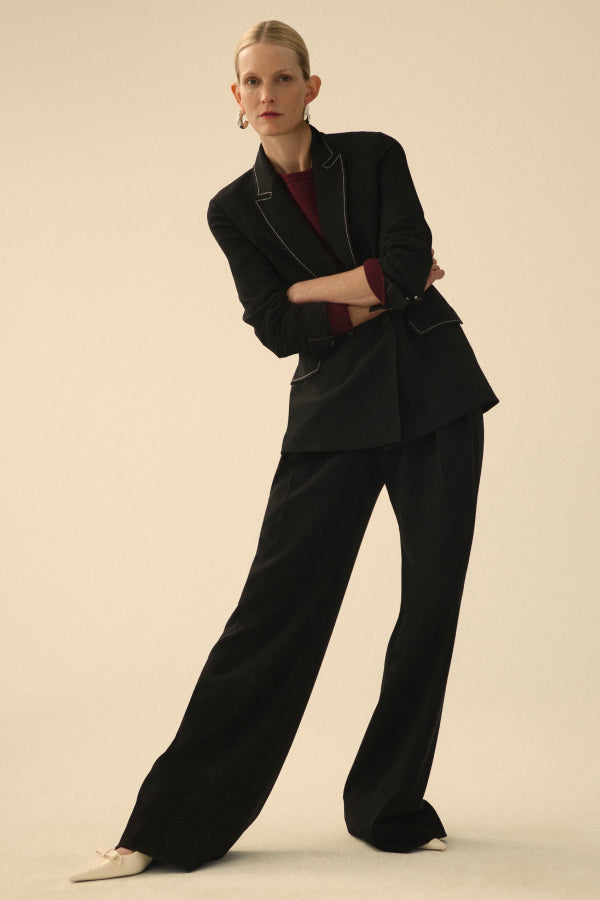Bia Pleated Trousers for Women - High Waist Everyday Crepe Pants with Topstitch Detail - Comfortable Office Work Pants - Black - Perfect for Business Casual & Professional Wear
