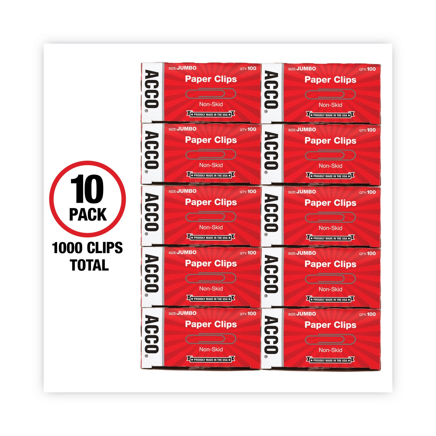 ACCO Jumbo Non-Skid Silver Paper Clips - 100 Clips per Box, 10 Boxes per Pack - Perfect for Office, School & Home Organization