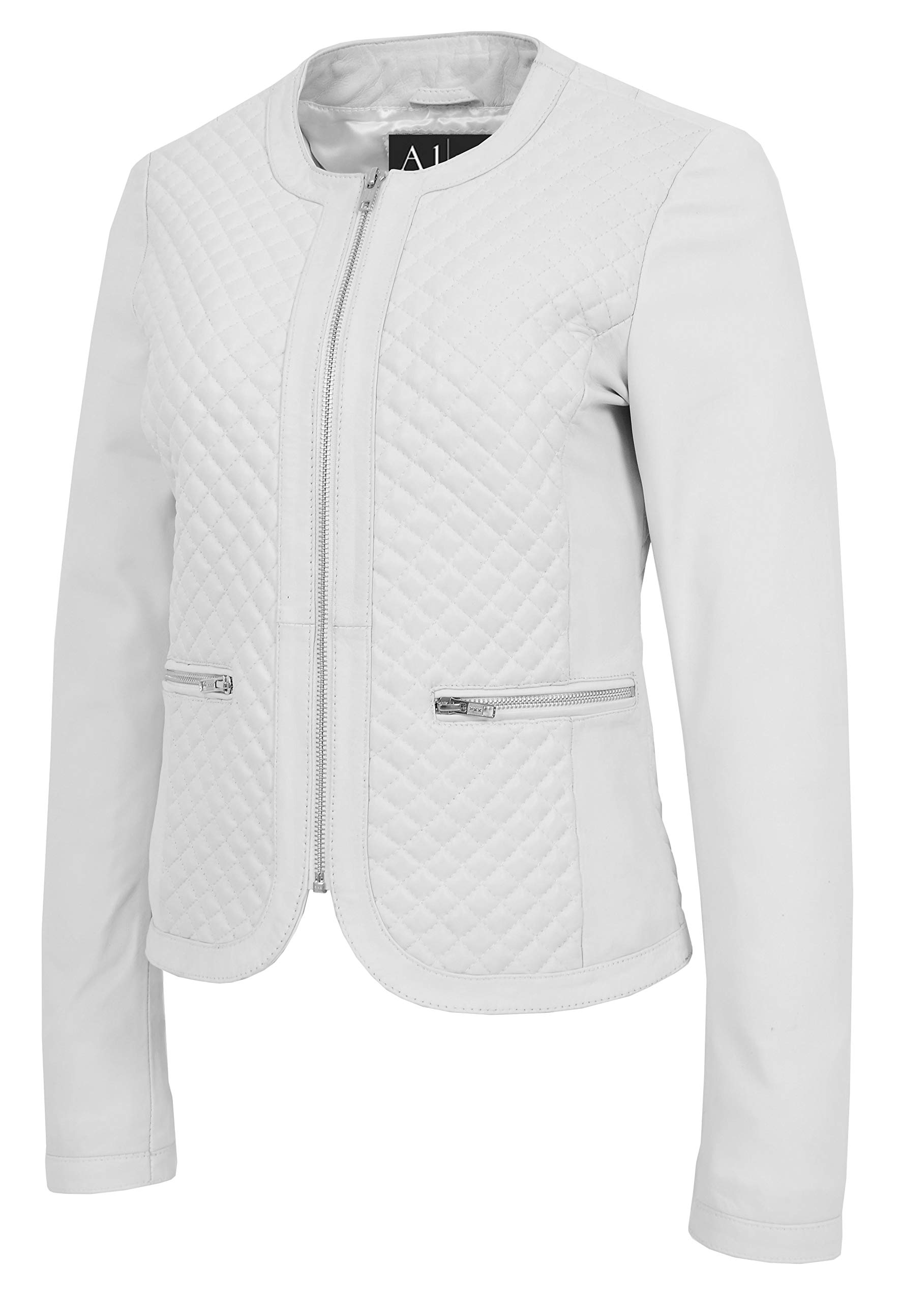 Women's Collarless Soft White Leather Biker Jacket - Fitted Quilted Stitch Design for Motorcycle Riding & Casual Outfits | Remi Brand