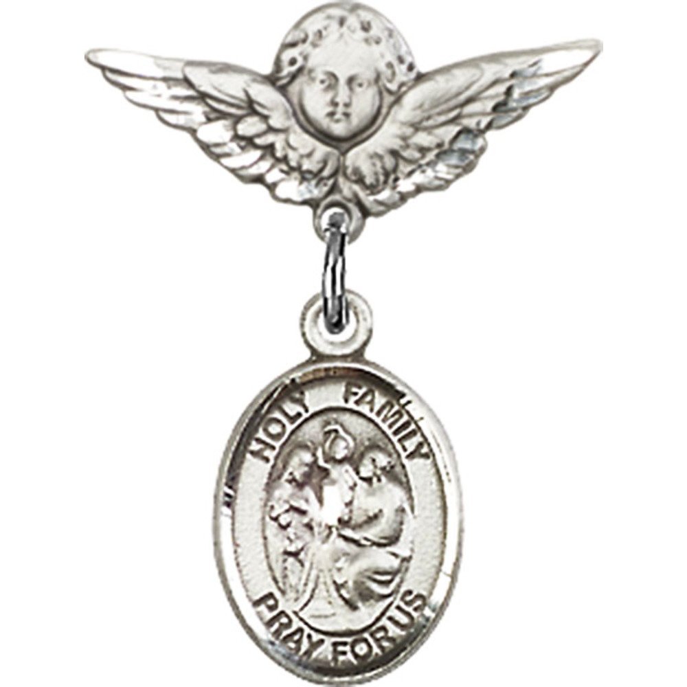 925 Sterling Silver Baby Badge with Holy Family Charm & Angel Wing Pin - 7/8