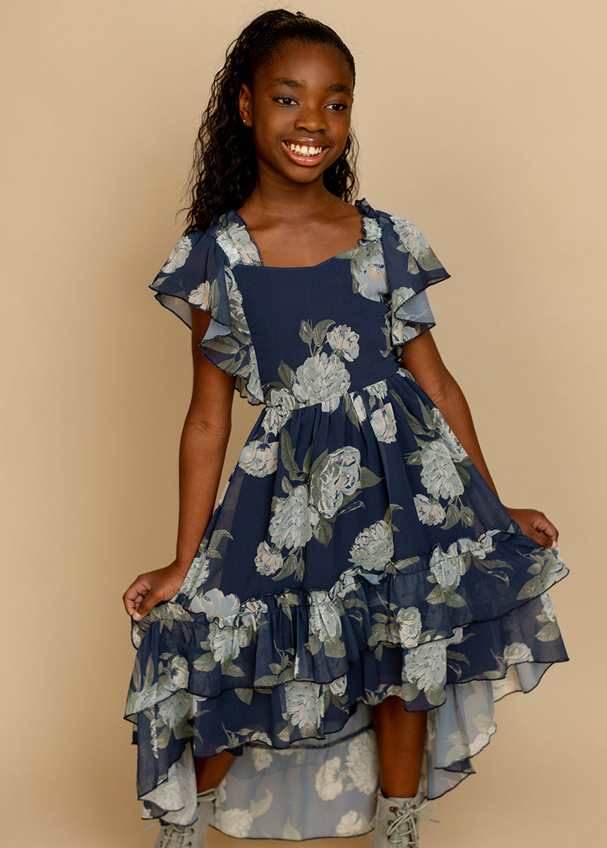 Dimia Women's Floral Print Dress - Navy Blue, Size Large | Elegant Casual Wear for Summer, Parties & Office Outfits