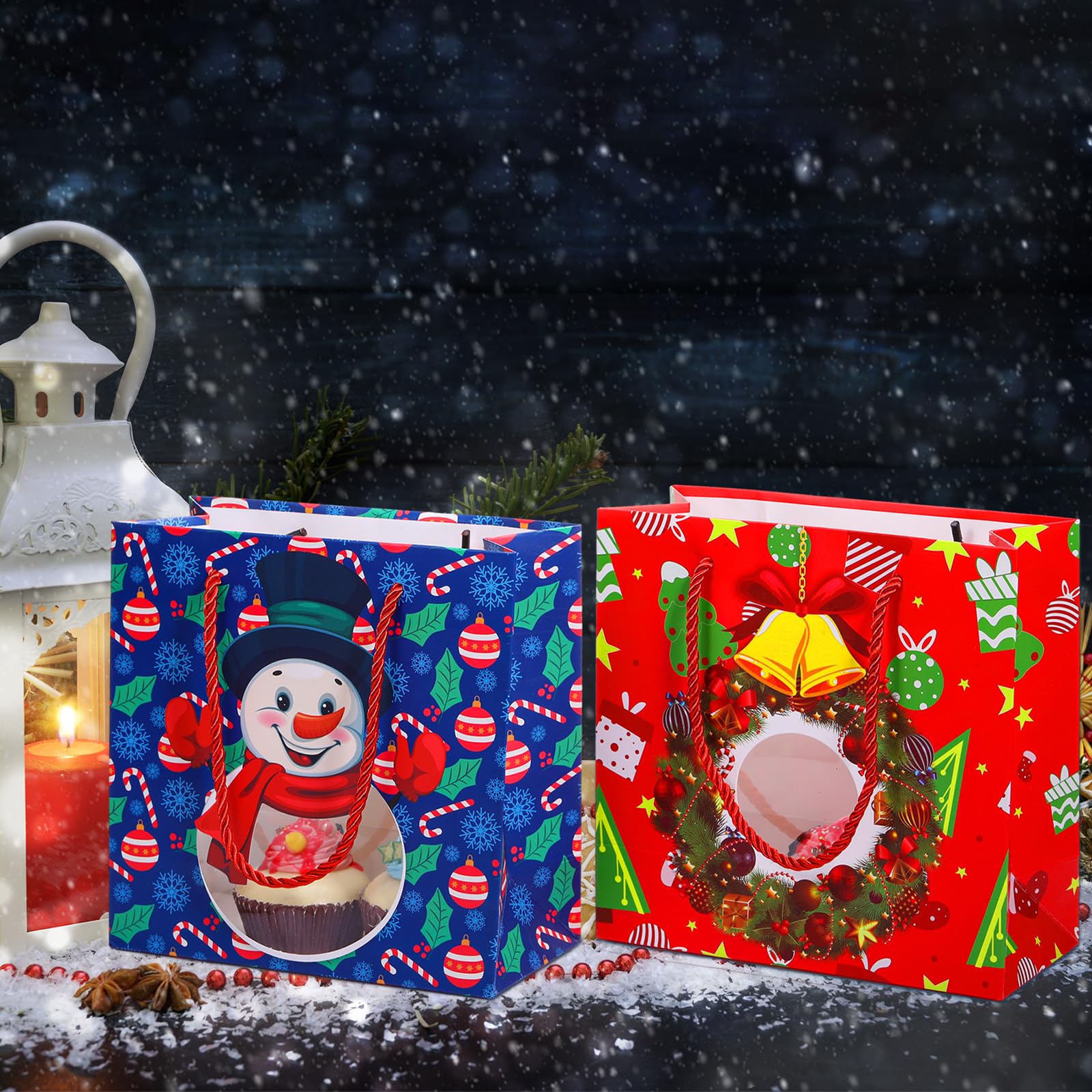 24 Pcs Christmas Gift Bags with Clear Window - 7.9x7.9x3.5 Inch Holiday Treat Bags - 6 Festive Designs for Cookies, Candies & Party Favors - Perfect for Xmas Gifting, Cookie Exchanges & Holiday Parties