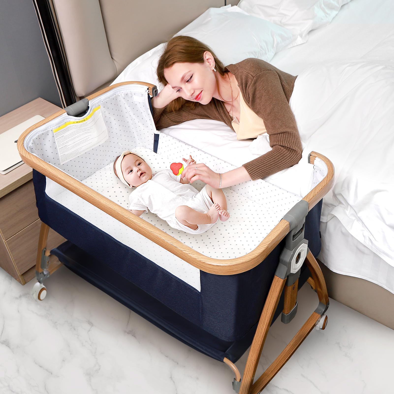 3-in-1 Adjustable Baby Bassinet Bedside Sleeper with Breathable Mesh, Comfortable Mattress & Wheels - Portable Folding Crib for Newborns, 6 Height Settings, Easy Assembly - Perfect for Nursery, Bedroom Co-Sleeping & Travel
