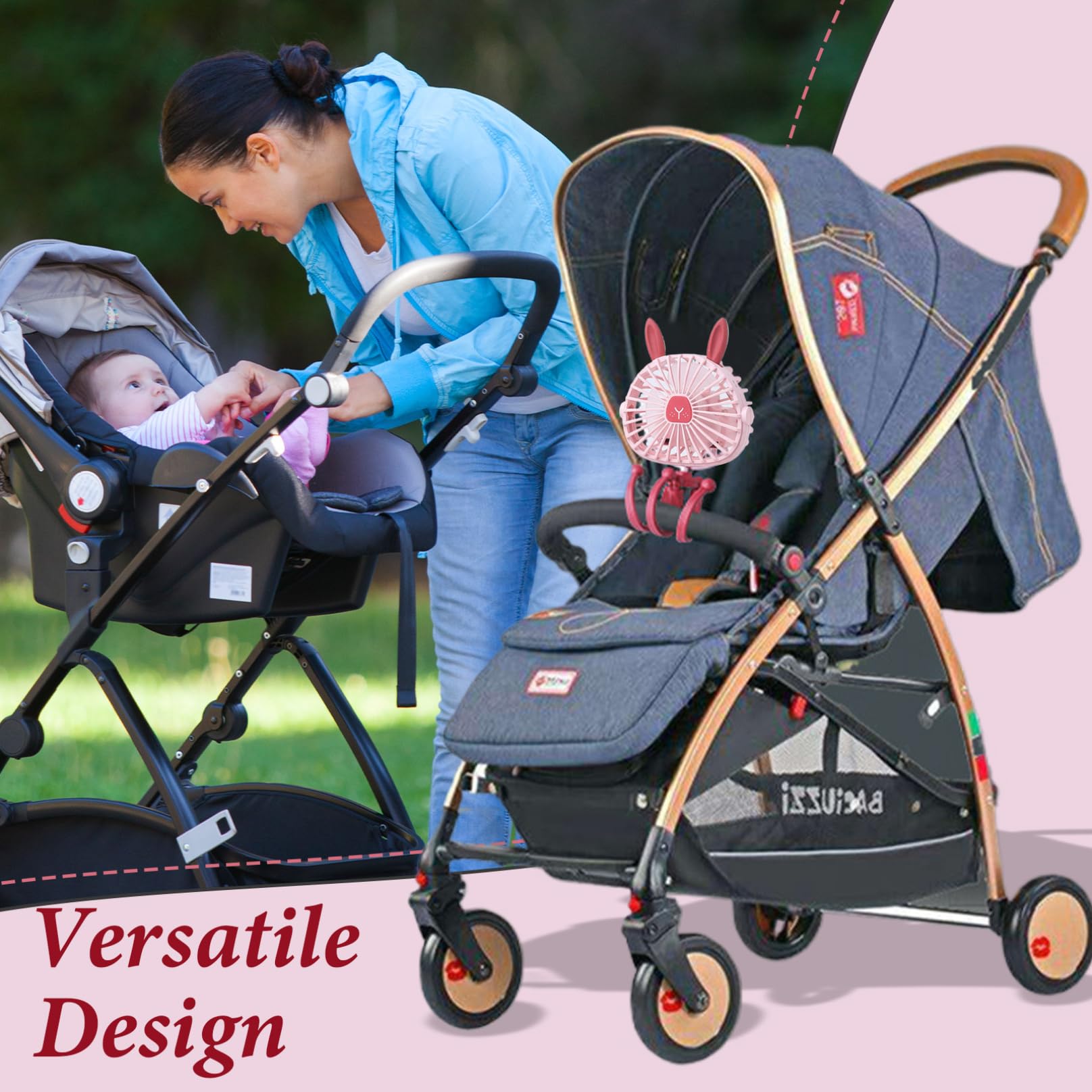 Cute Bunny Stroller Fan - 3 Speed Adjustable USB Rechargeable Baby Fan with Light, 360° Rotation & 500mAh Battery | Perfect for Strollers, Car Seats, Desks, Camping & Outdoor Activities