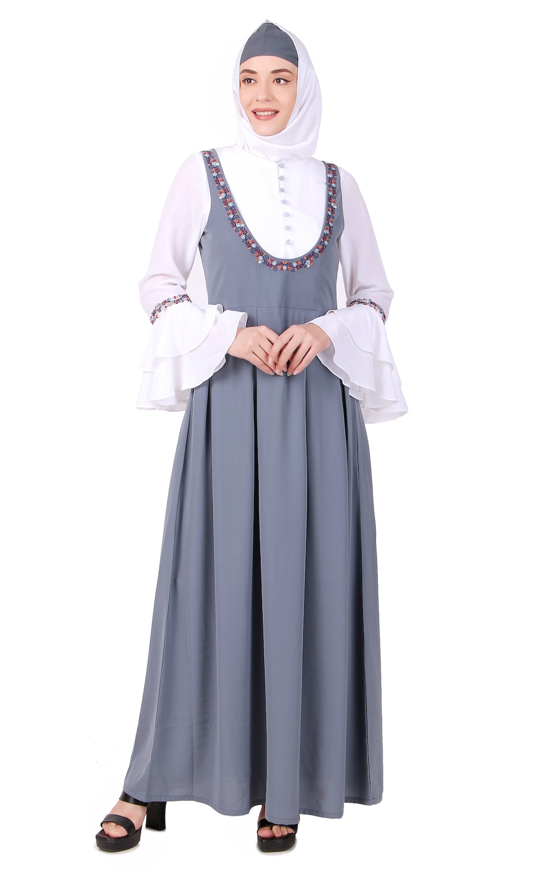 Elegant Dual Color Embroidered Abaya Dress - Stylish Dungaree Look for Women | Perfect for Casual Wear, Parties & Special Occasions