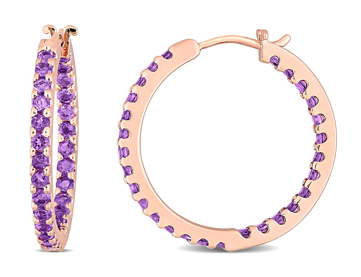 1.60 Carat (ctw) Genuine Amethyst Hoop Earrings in 10K Rose Gold - Dainty In & Out Design for Women, Perfect for Date Night, Wedding & Everyday Elegance