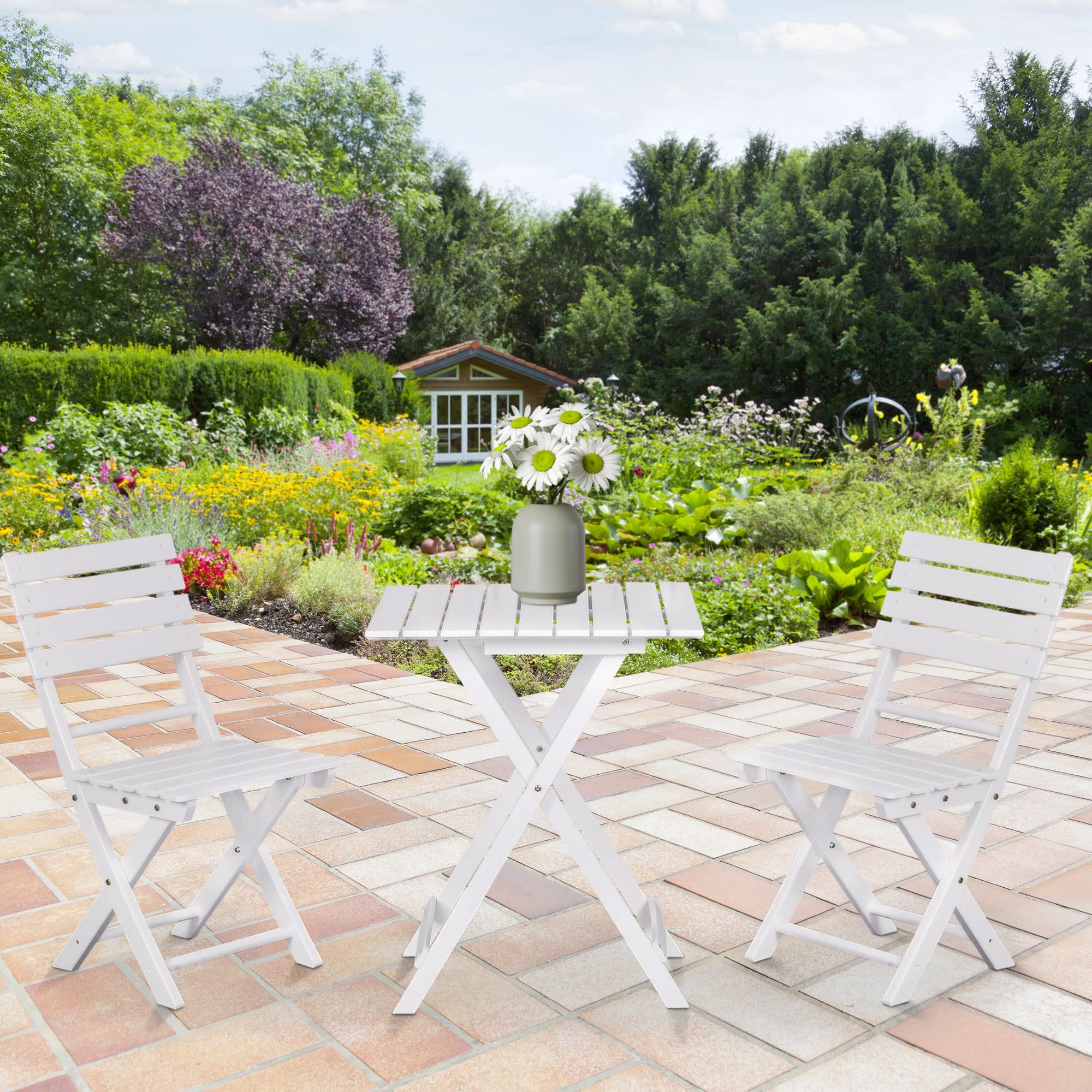 Outsunny 3-Piece Wood Folding Bistro Set with Square Table & Chairs - White Outdoor Patio Furniture for Backyard, Balcony, Garden & Small Spaces