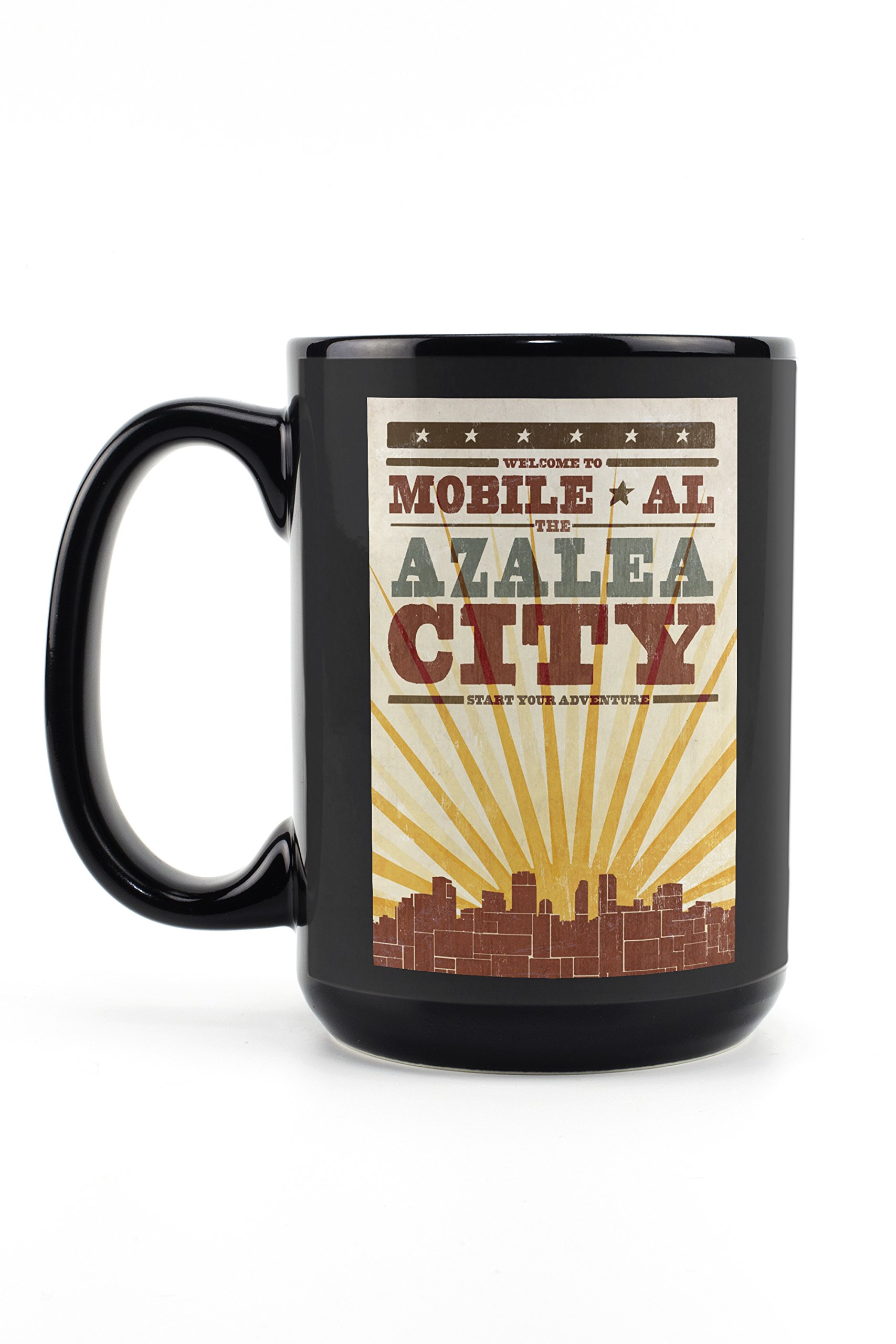 Lantern Press Mobile Alabama Skyline Sunburst Screenprint 15oz Black Ceramic Coffee Mug - Microwave & Dishwasher Safe - Perfect for Home, Office & Gifts