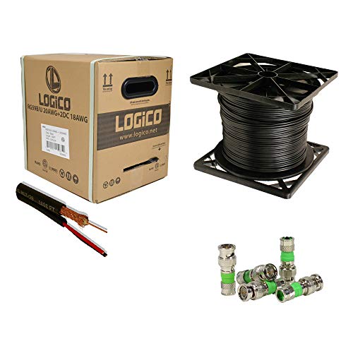 LOGICO RG59 Siamese Coaxial Cable 500FT Black with 50 BNC Compression Connectors Kit - CCTV Security Camera, Video Surveillance, and HD TV Signal Transmission