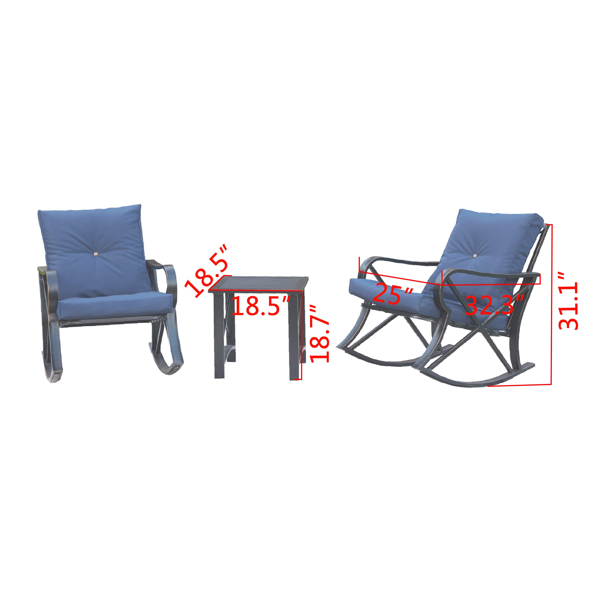 PatioFestival 3-Piece Outdoor Rocking Chair Bistro Set with Coffee Table & Thick Cushions - Metal Garden Furniture for Backyard, Lawn, Porch, Poolside (Blue) - Perfect for Relaxing, Entertaining & Outdoor Dining