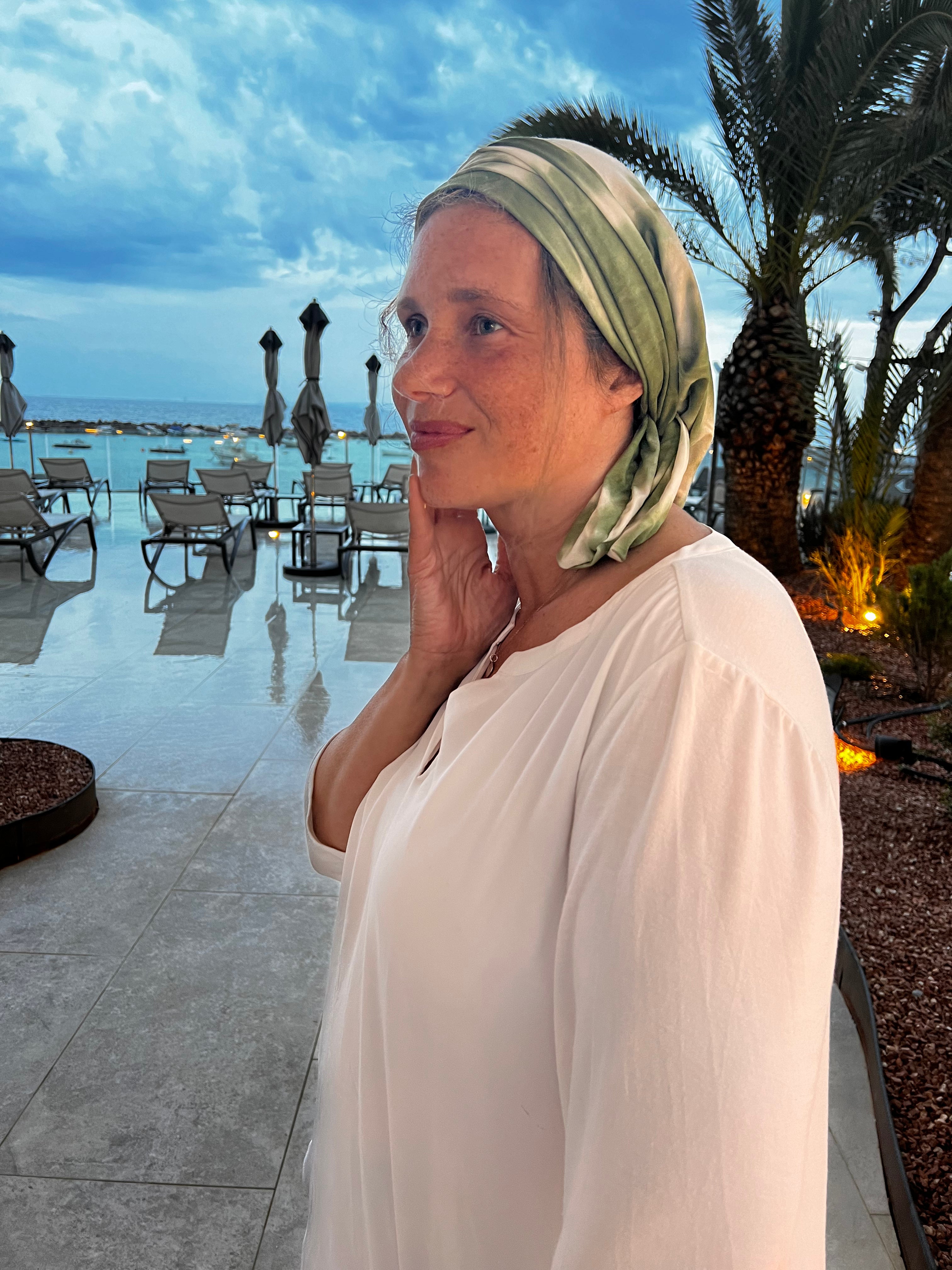 Tie Dye Green Wrap Around Turban Snood Headwear | 10-Way Adjustable Hair Wrap Scarf | Made in USA by Uptown Girl | Perfect for Yoga, Beach, Workouts & Fashion Accessories