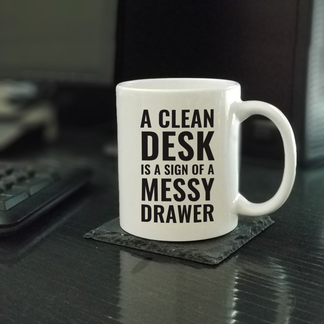 Funny Office Coffee Mug Gift - 'A Clean Desk is a Sign of a Cluttered Drawer' - 11oz Ceramic Cup for Coffee, Tea & Hot Drinks - Perfect for Desk Decor, Coworker Gifts & Office Humor