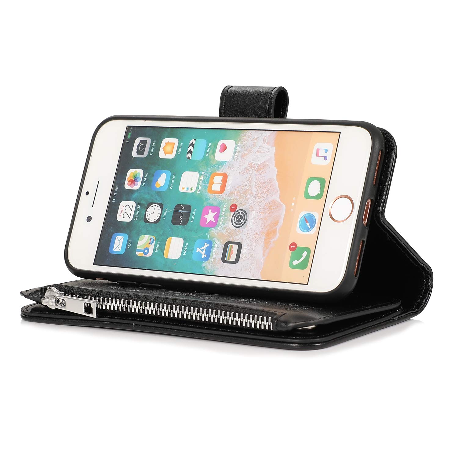 Premium PU Leather Magnetic Wallet Case for iPhone SE 2022/SE3/iPhone 8/iPhone 7/iPhone SE 2020/SE2 - Shockproof Flip Cover with Zipper Pocket, Card Slots & Kickstand (Black) | Perfect for Travel, Work & Everyday Use