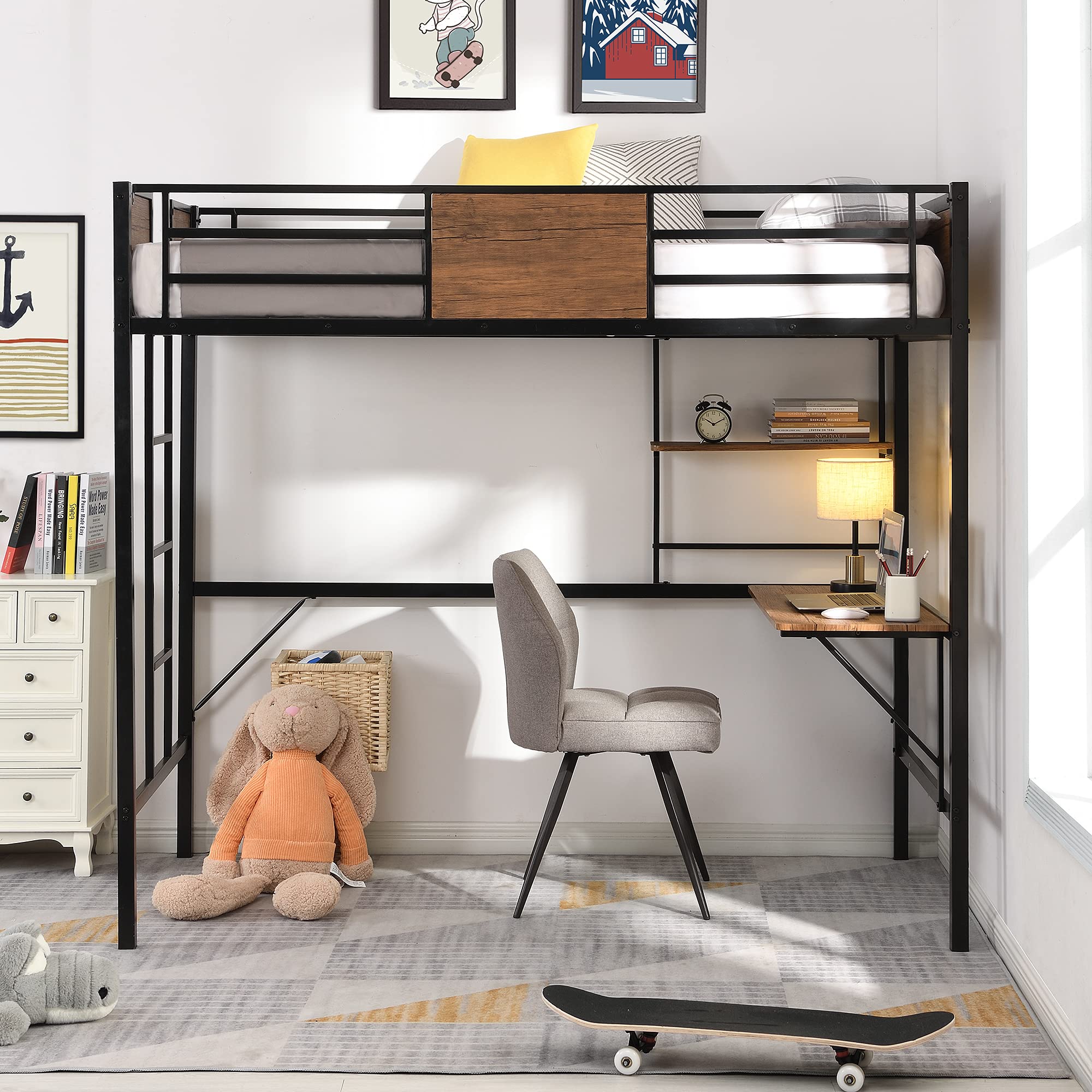 Metal Loft Bed with Desk & Storage Shelves - Twin Size Study Bed with Full-Length Guardrail & Built-in Ladder - No Box Spring Needed (Black Frame with Gray Boards) - Perfect for Small Bedrooms, Dorm Rooms & Home Office Spaces