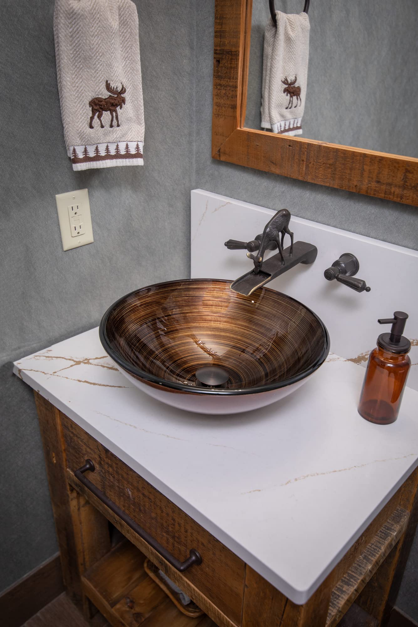 Elegant Brown and Gold Glass Vessel Sink - Modern Bathroom Vanity Sink with Gold Accents - Perfect for Luxury Master Bathrooms, Powder Rooms & Spa Retreats