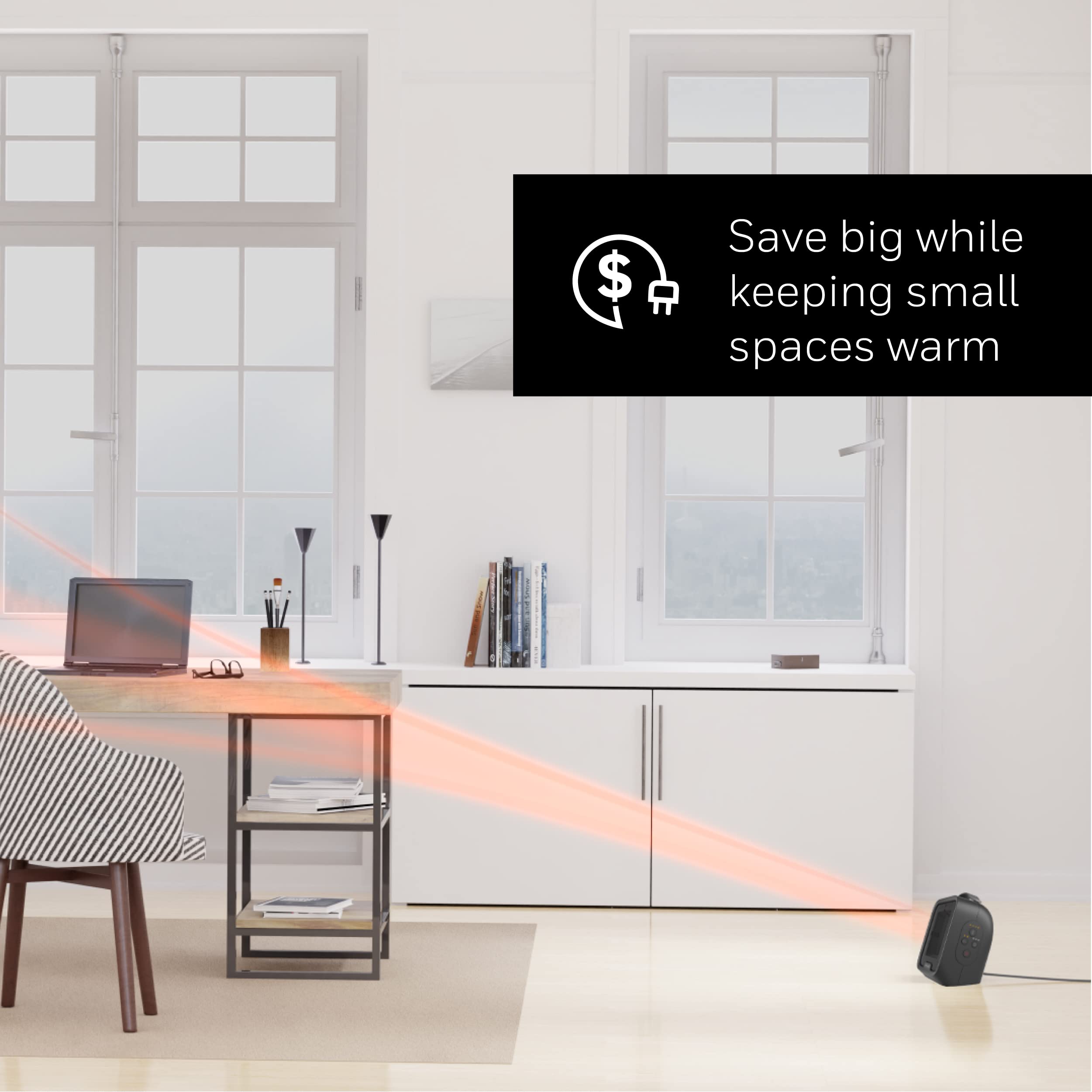 Honeywell UberHeat Plus Ceramic Space Heater - Compact & Quiet Personal Heater for Small Rooms with Adjustable Thermostat, Auto-Off Timer & Overheat Protection - Ideal for Office, Bedroom, Dorm (Black, HCE220B)