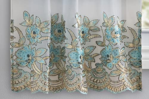 Premium 3-Piece Embroidered Linen Curtain Set with Valance & Tiers - Turquoise Kitchen, Living Room & Bathroom Window Treatments for Elegant Home Decor