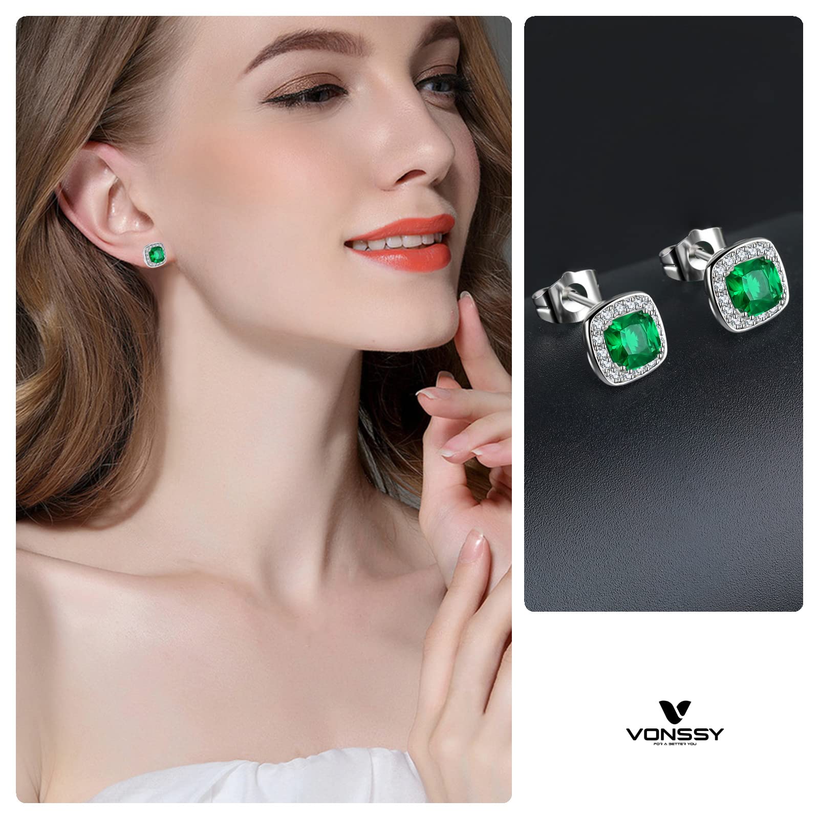 VONSSY 925 Sterling Silver Cubic Zirconia Stud Earrings for Women - Hypoallergenic Nickel Free Square Gemstone Jewelry Gift for Wife, Mother, Daughter - Perfect for Weddings, Anniversaries & Everyday Elegance