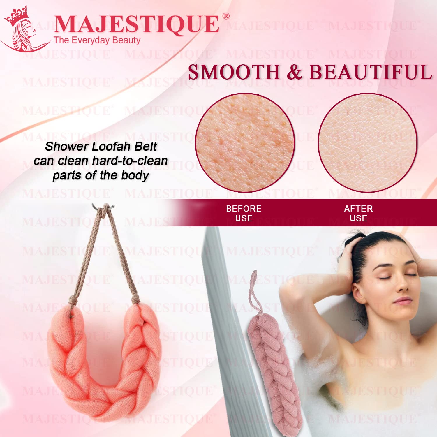 Majestique Exfoliating Loofah Belt for Shower & Bath - Stretchable Braided Mesh Back Scrubber, Soft Body Wash Sponge for Women & Men - Perfect for Deep Cleansing & Skin Exfoliation - Pack of 3 Multicolor