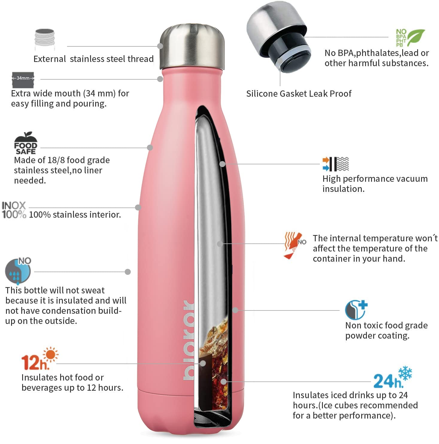 BJPKPK 17oz Insulated Stainless Steel Water Bottle - Keeps Drinks Cold for 24 Hours & Hot for 12 Hours, BPA Free, Light Pink - Perfect for Gym, Hiking, Travel & Outdoor Activities