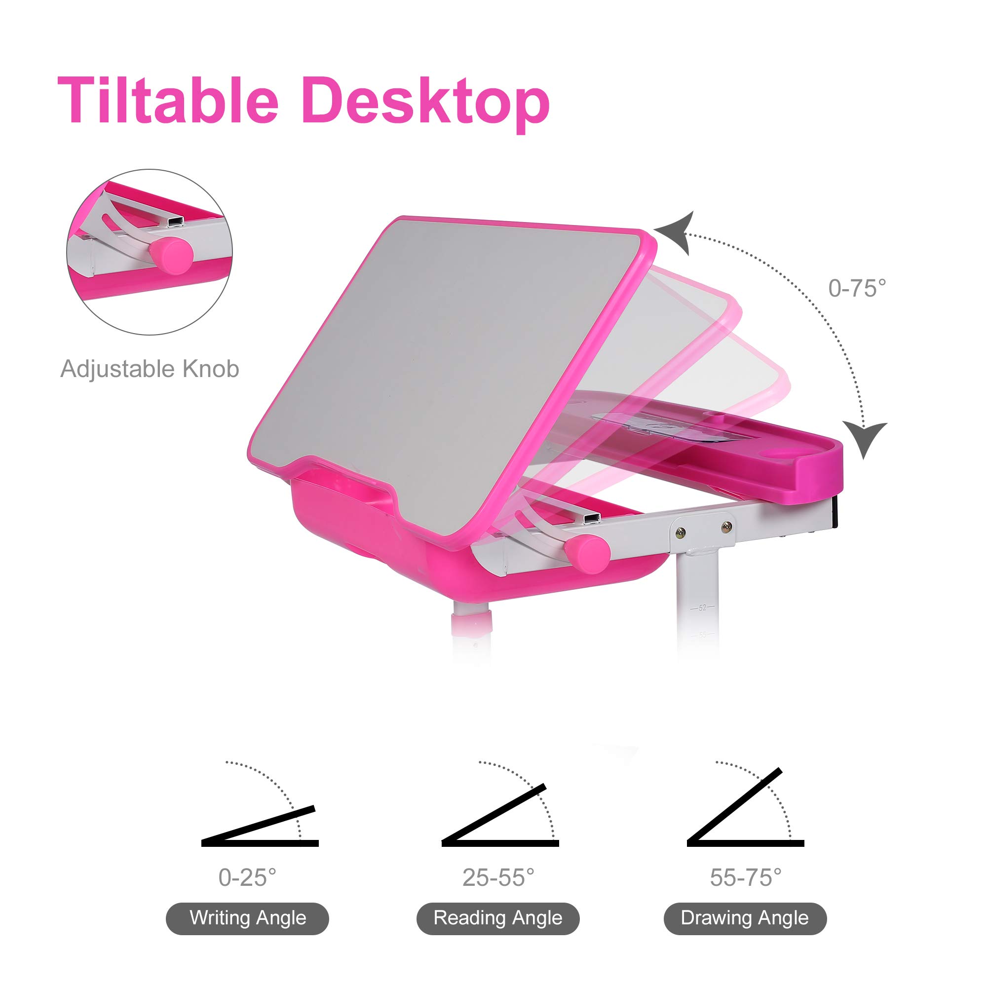 Adjustable Kids Desk and Chair Set with LED Light & Storage Drawer - Ergonomic Study Table for Children, Tilt Desktop & Book Stand - Perfect for Homework, Drawing & Online Learning (Pink)