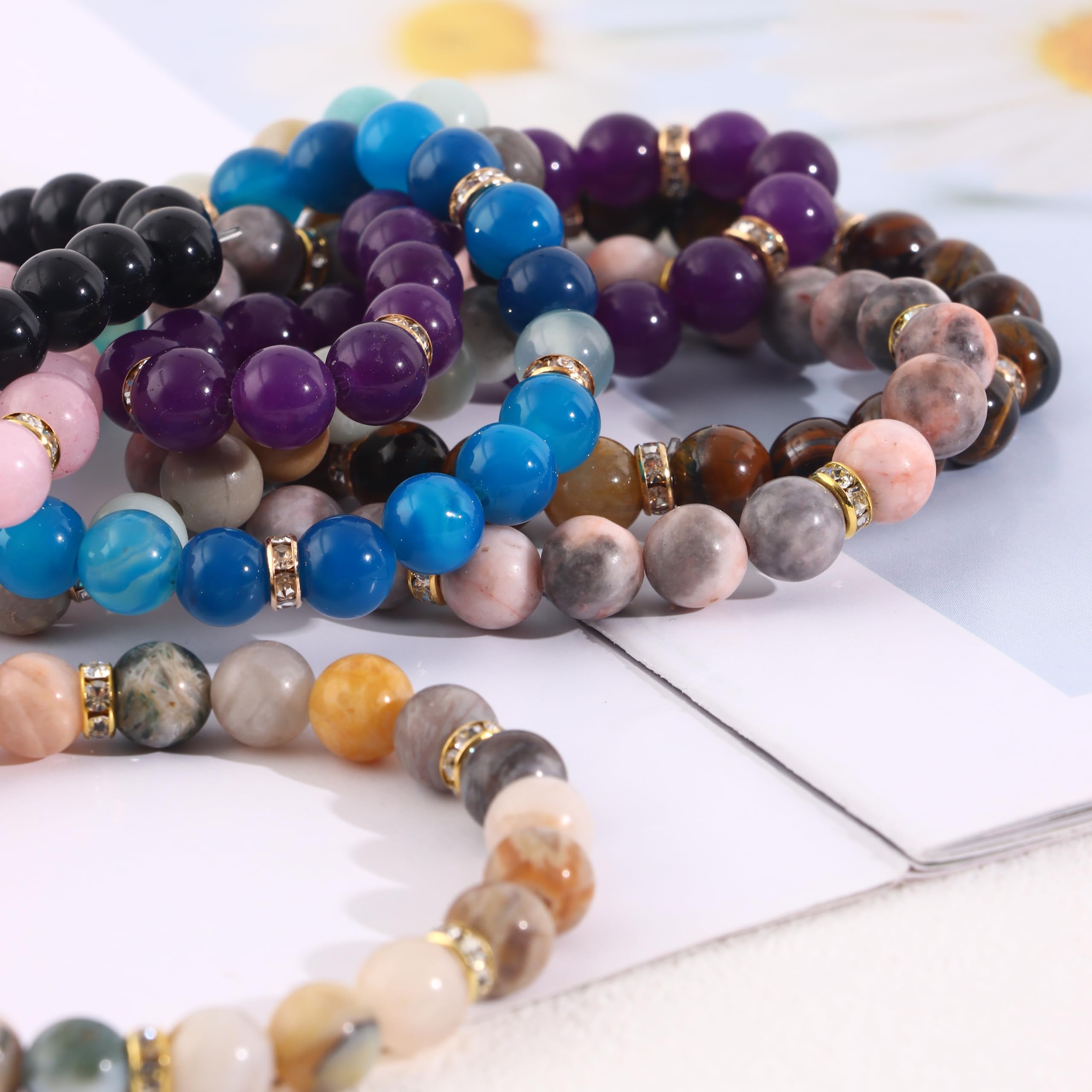 MOZAKA 9PCS Natural Crystal Bracelets for Women & Men - 8mm Healing Gemstone Beaded Bracelets Set, Stretch Round Beads Unisex Jewelry Gift for Meditation, Yoga & Positive Energy
