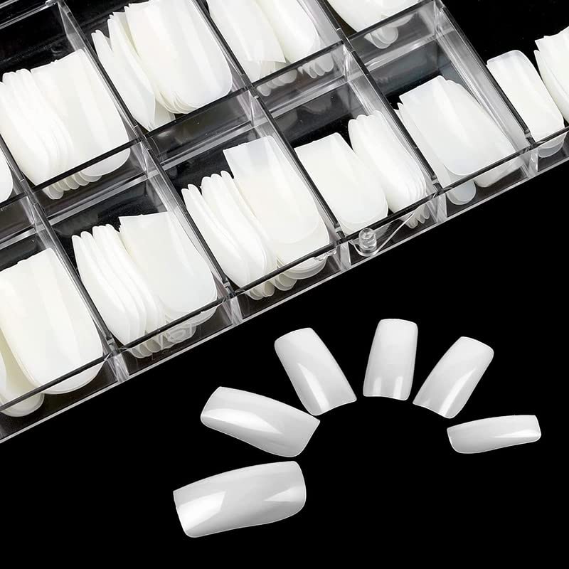 FAMEZA 100pcs Natural Full Cover Acrylic Fake Nails - Square Shaped False Nail Tips with Storage Case for Nail Salon & DIY Manicure | 10 Sizes for Professional & Home Nail Art Application