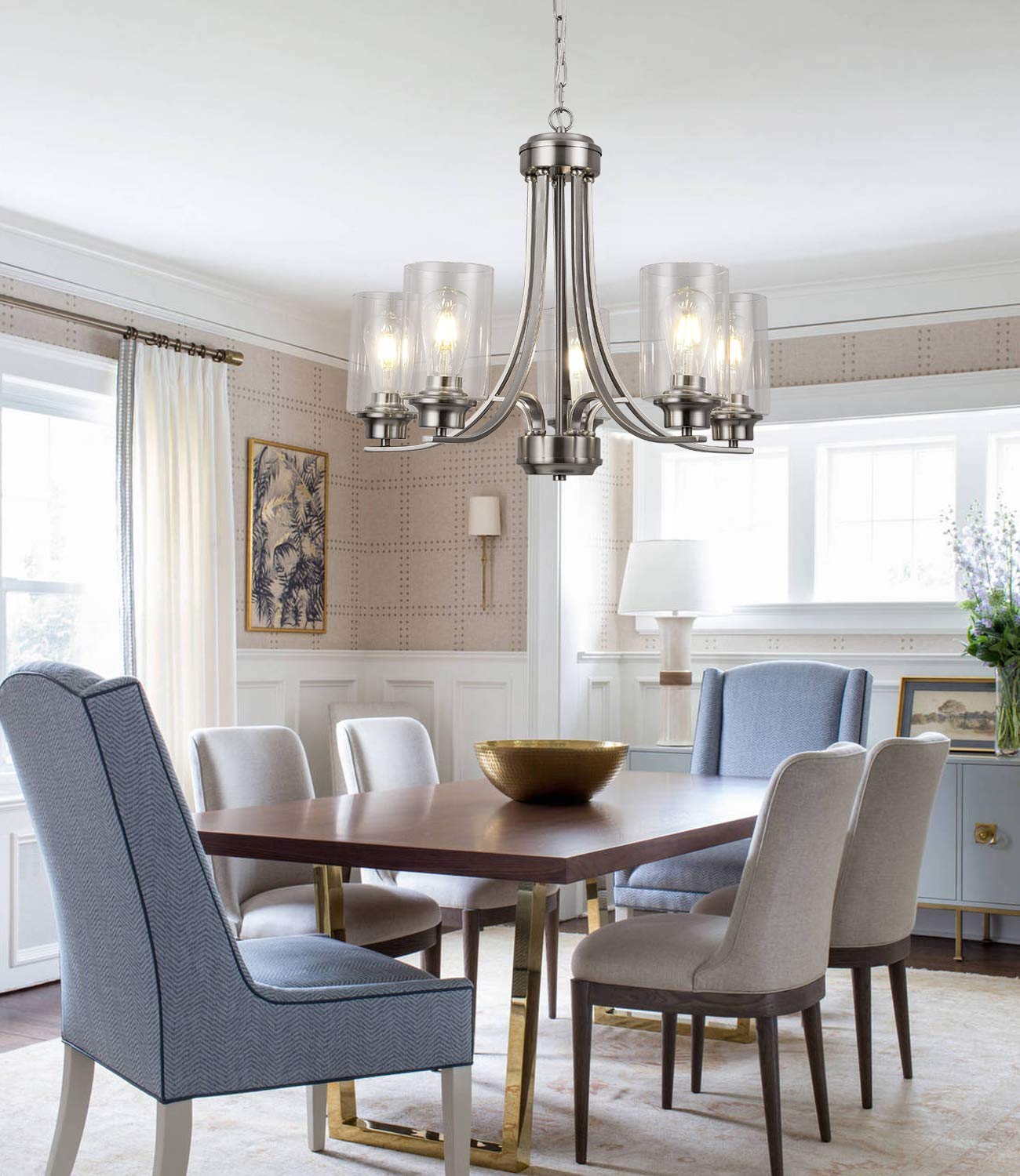 5-Light Clear Glass Modern Chandelier with Brushed Nickel Finish - Elegant Dining Room Ceiling Pendant Light for Foyer, Bedroom, Kitchen & Living Room | Perfect for Home Decor and Interior Lighting