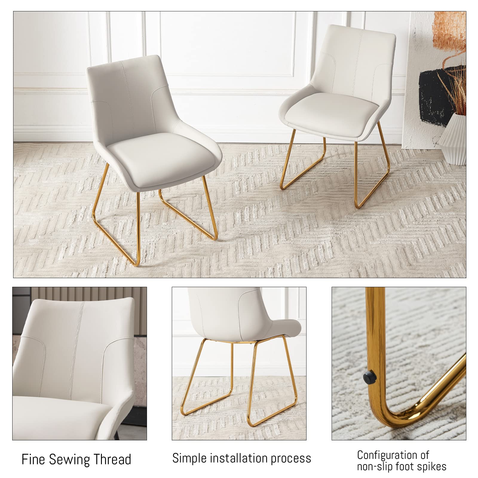 Mid Century Modern Dining Chair Set of 4 - Faux Leather Upholstered Kitchen Side Chairs with Gold Metal Legs | Comfortable Seating for Dining Room, Kitchen, Breakfast Nook & Small Spaces