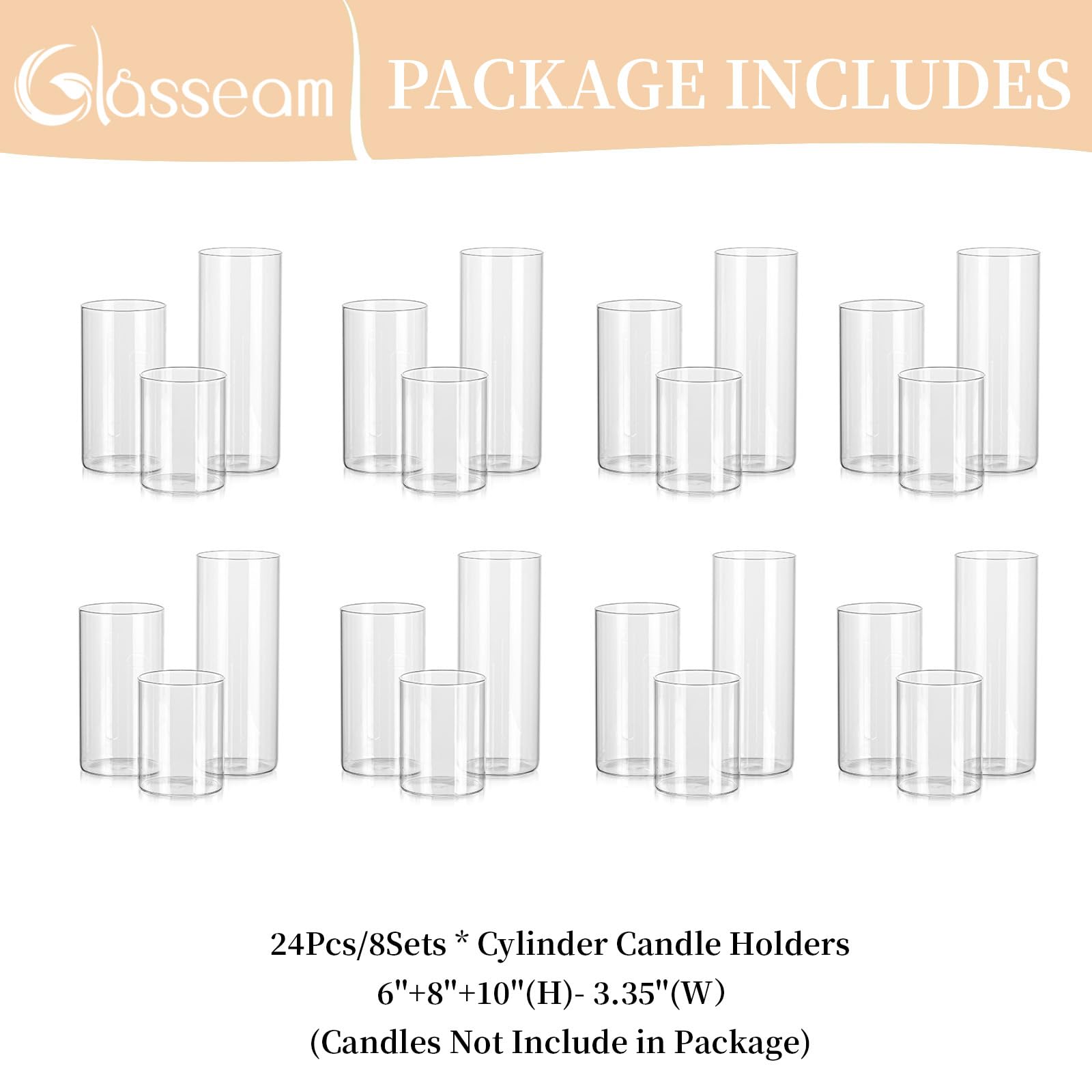 Glasseam 24-Pack Clear Glass Cylinder Candle Holders for Pillar & Floating Candles - Modern Hurricane Vases for Wedding Centerpieces, Table Decor, and Home Ambiance Lighting