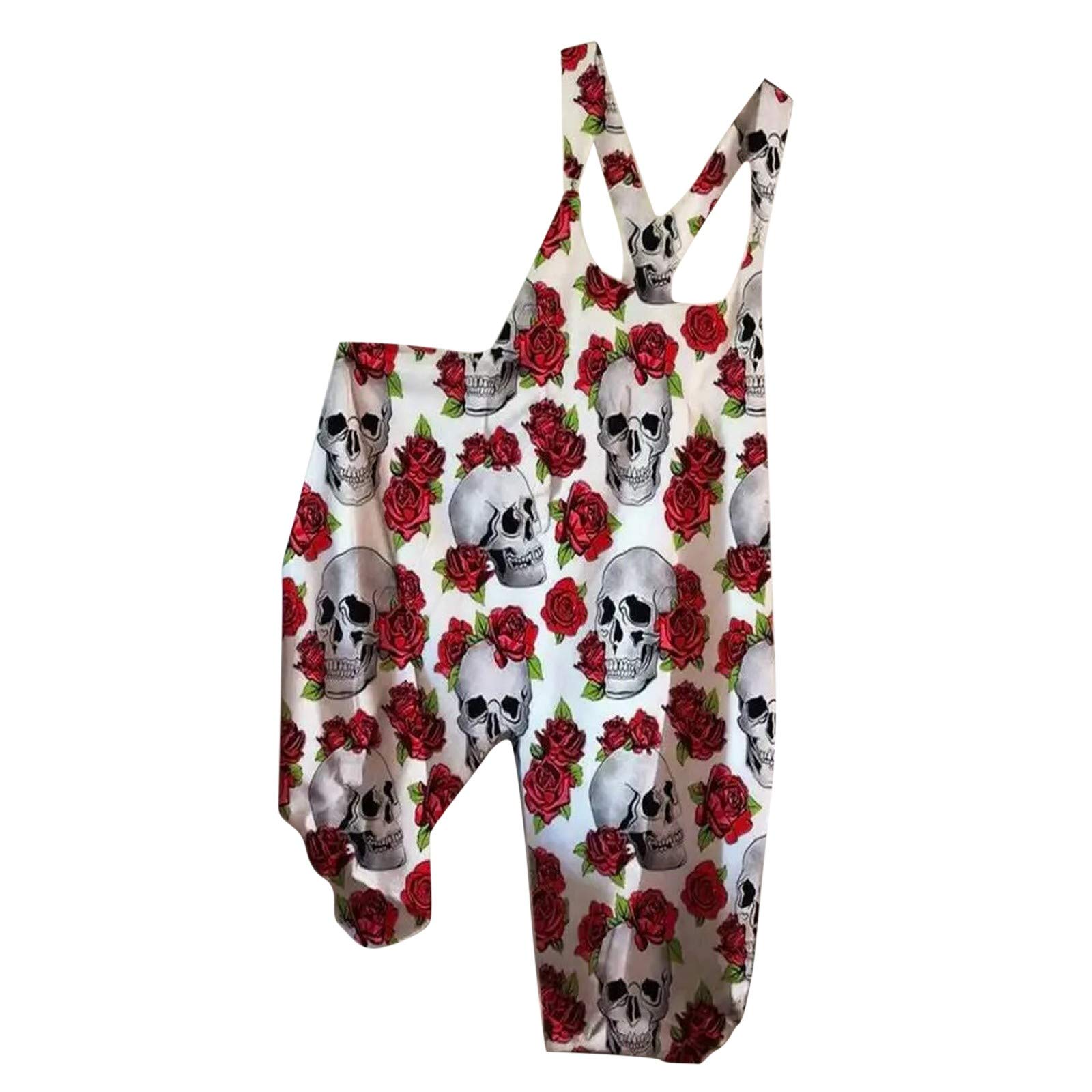 Women's Skull Print Button Romper - Loose Fit Long Overalls Jumpsuit with Rose Design | Casual Wear, Summer Outfits, Street Style Fashion
