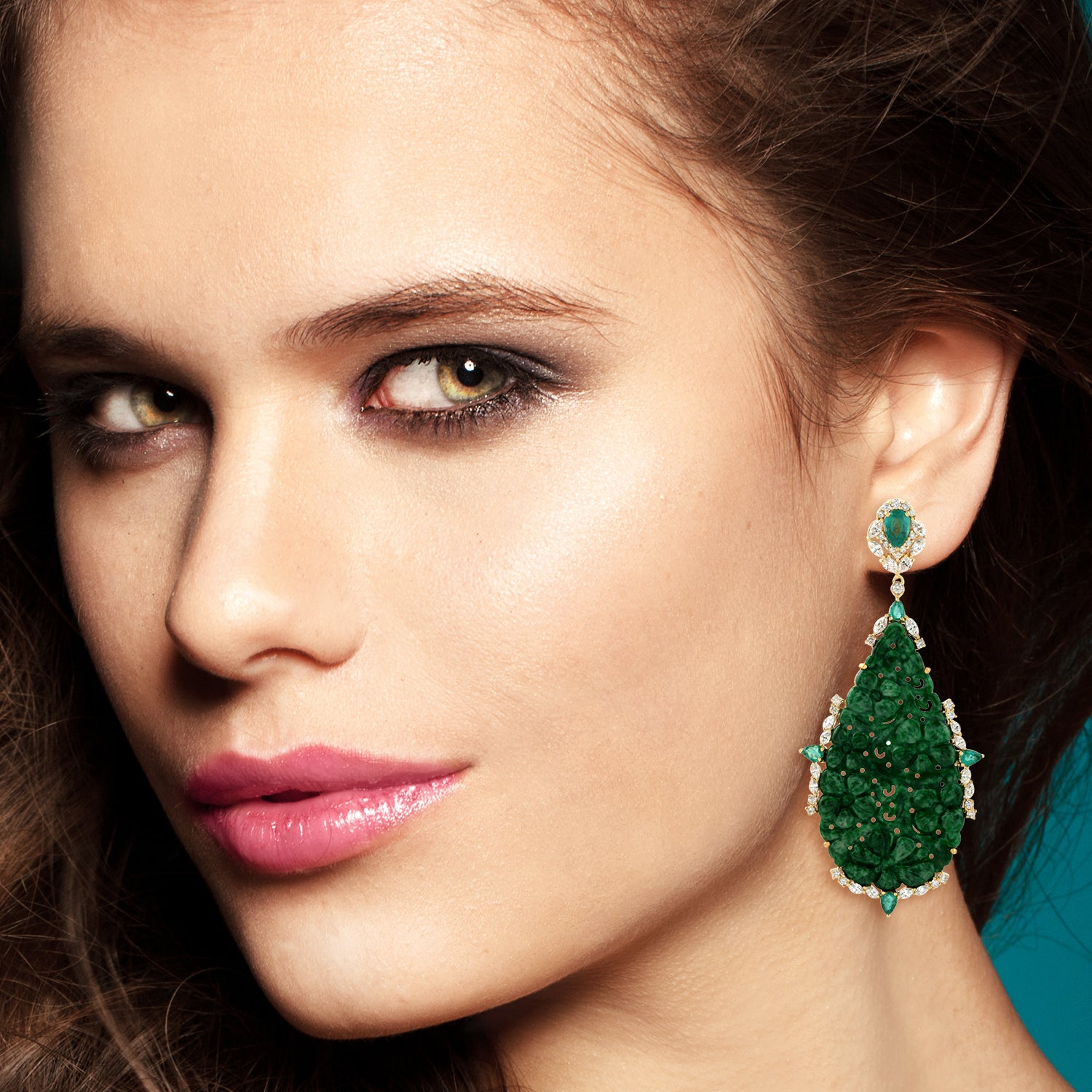 Exquisite 18K Yellow Gold Floral Carved Jade Pear Emerald Marquise Diamond Dangle Earrings - Perfect for Weddings, Parties & Special Occasions