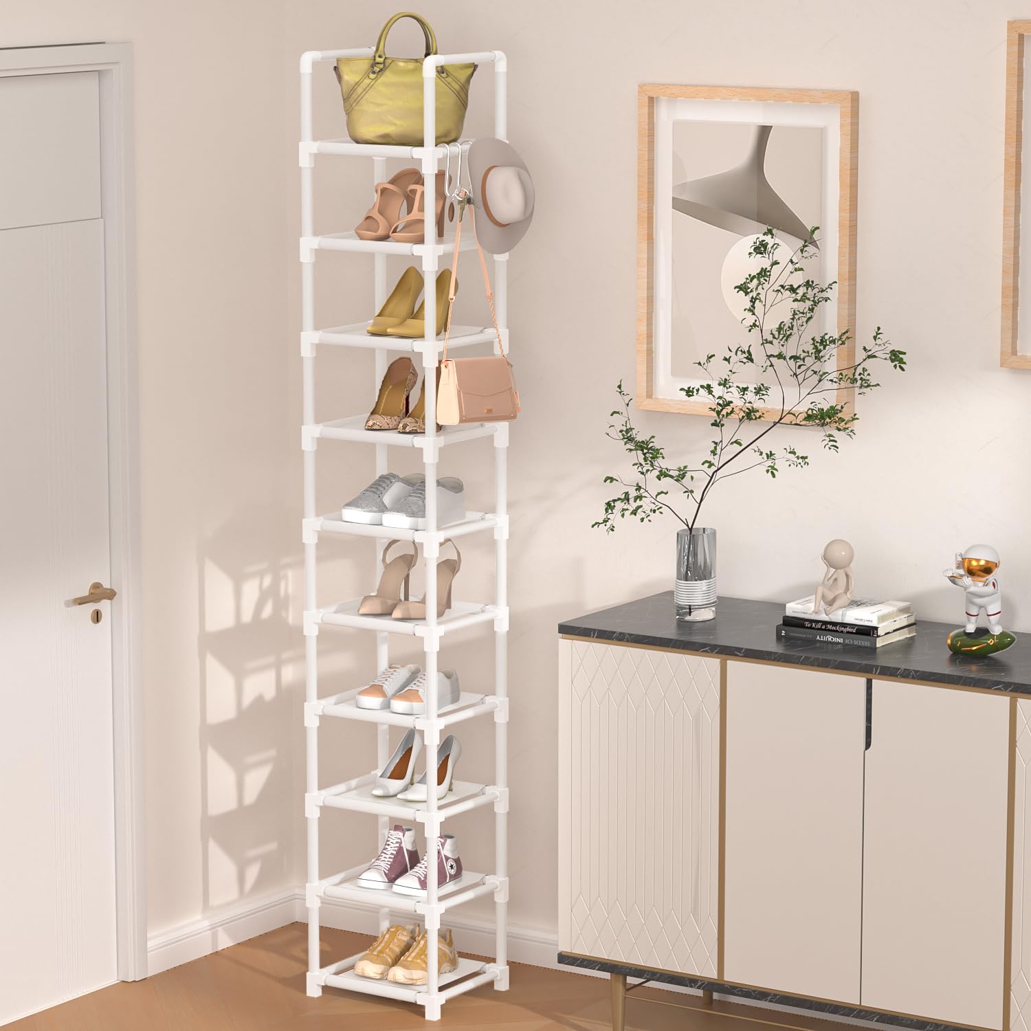 10-Tier Narrow Shoe Organizer for Closet - Tall Vertical Shoe Rack Holds 10-15 Pairs, Space-Saving Metal Shelf with 5 Hooks for Small Spaces - Perfect for Bedroom, Entryway, or Closet Organization