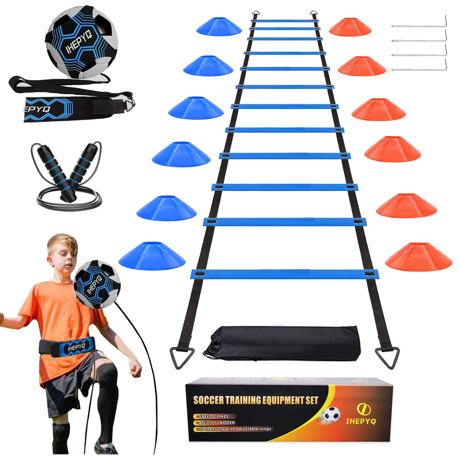 **12-Rung 20Ft Agility Ladder & 12 Disc Cones Soccer Training Set with Jump Rope & Steel Stakes - Speed & Footwork Drills for Soccer, Football, Basketball - Perfect for Home, Gym & Field Practice**