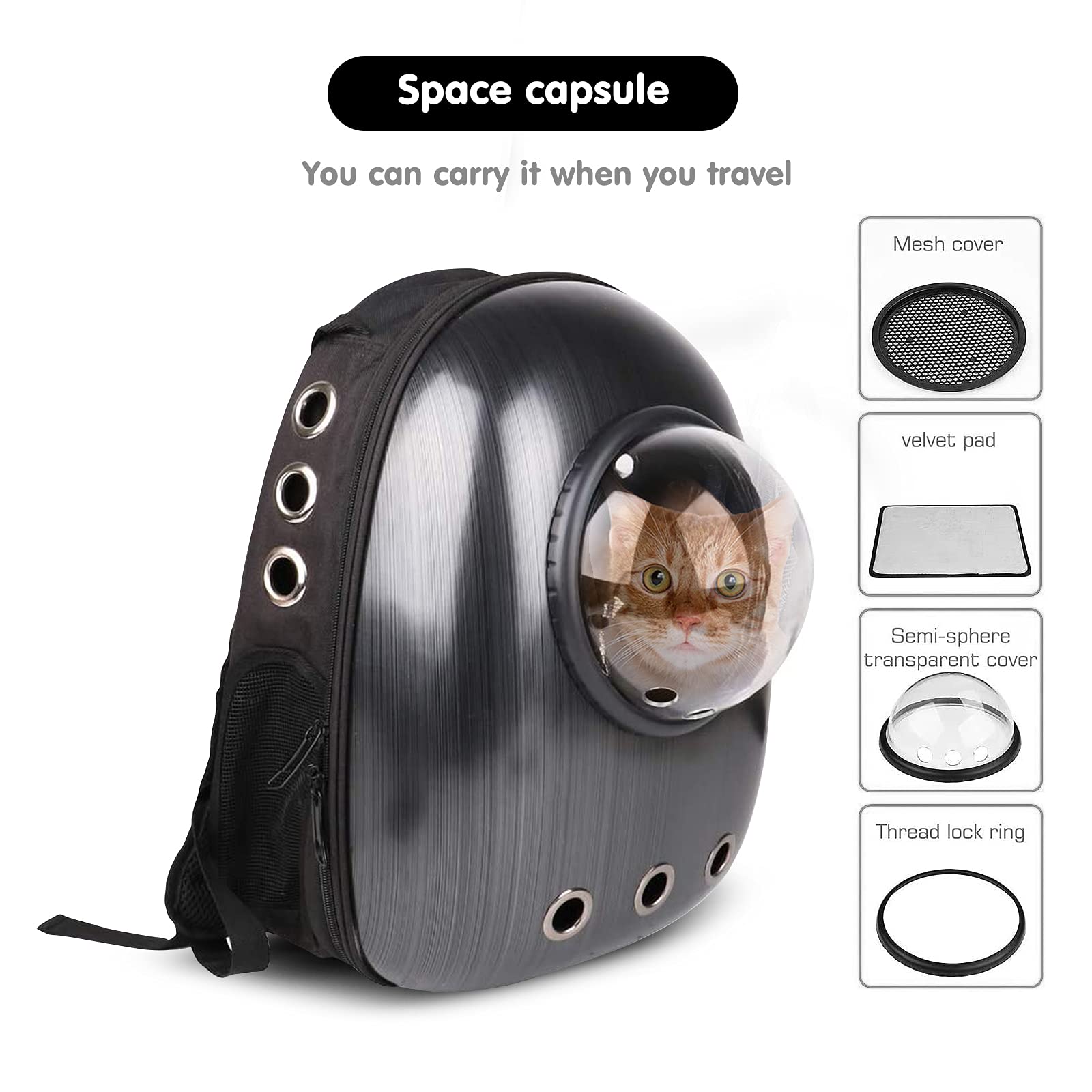 Breathable Pet Carrier Backpack for Cats & Small Dogs - Portable Space Capsule Design with Double Zipper & Adjustable Shoulder Straps | Ideal for Air Travel, Hiking, and Vet Visits