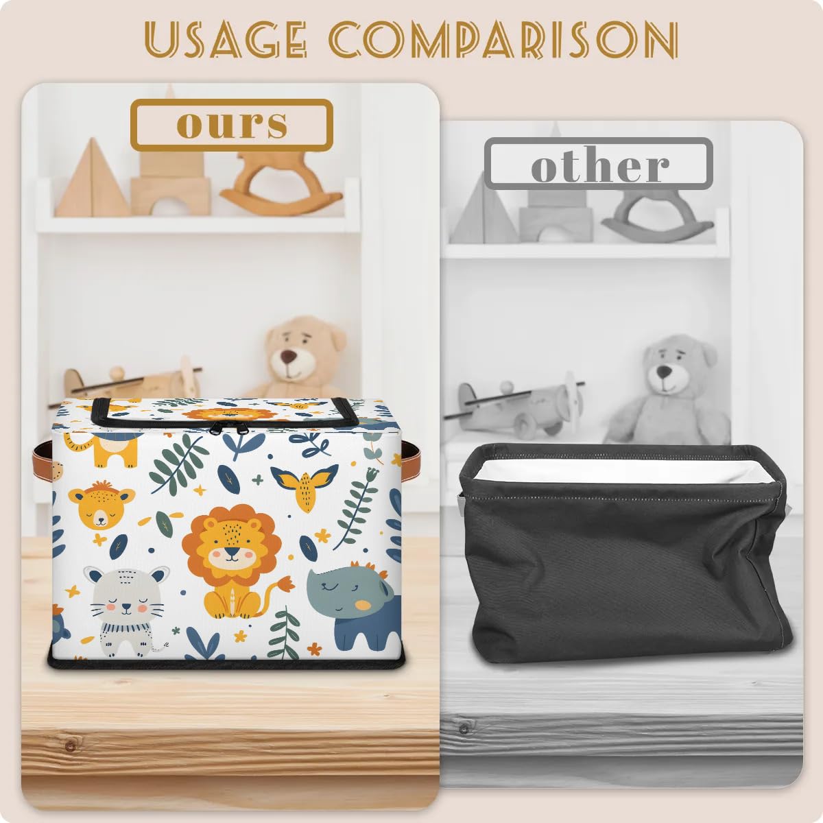 2-Pack Stackable Lion Print Storage Bins with Zipper Lid & Metal Frame - PU Handled Closet Organizer Cubes for Clothes, Toys, Blankets | Bedroom, Nursery, Playroom Storage Solution