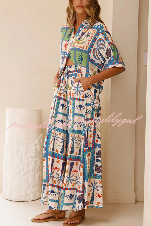Stylish Floral Print Lapel Short Sleeve Blouse with Elastic Waist Casual Wide Leg Pants Set - Perfect for Summer Outfits, Beach Vacations & Boho Fashion