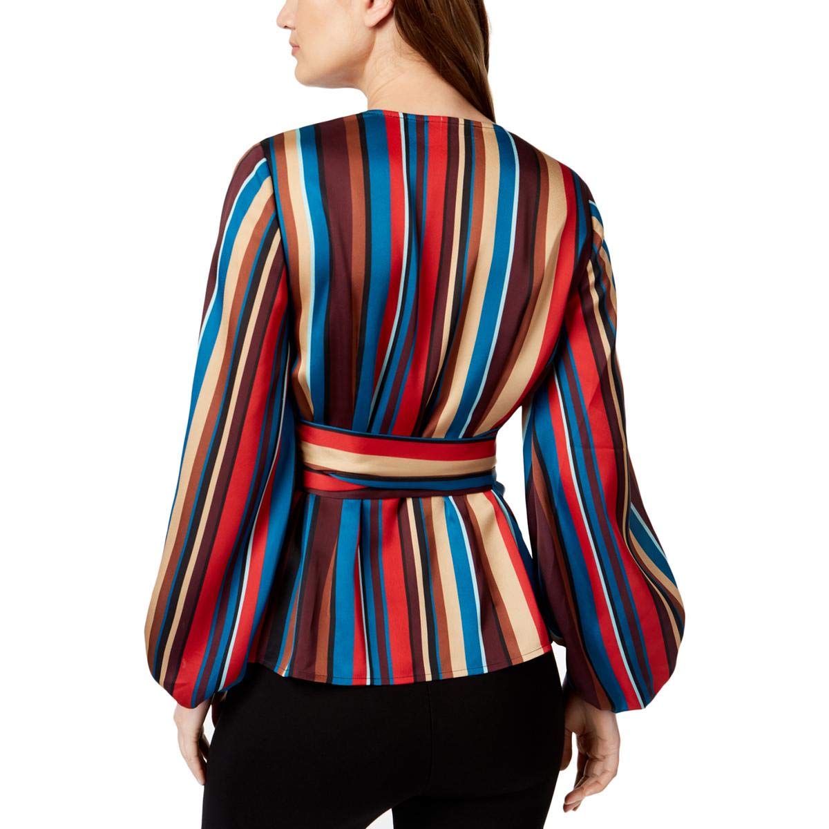 INC Women's Striped Bubble Sleeve Side Zip Wrap Blouse - Casual & Office Wear - Perfect for Work, Date Night & Special Occasions