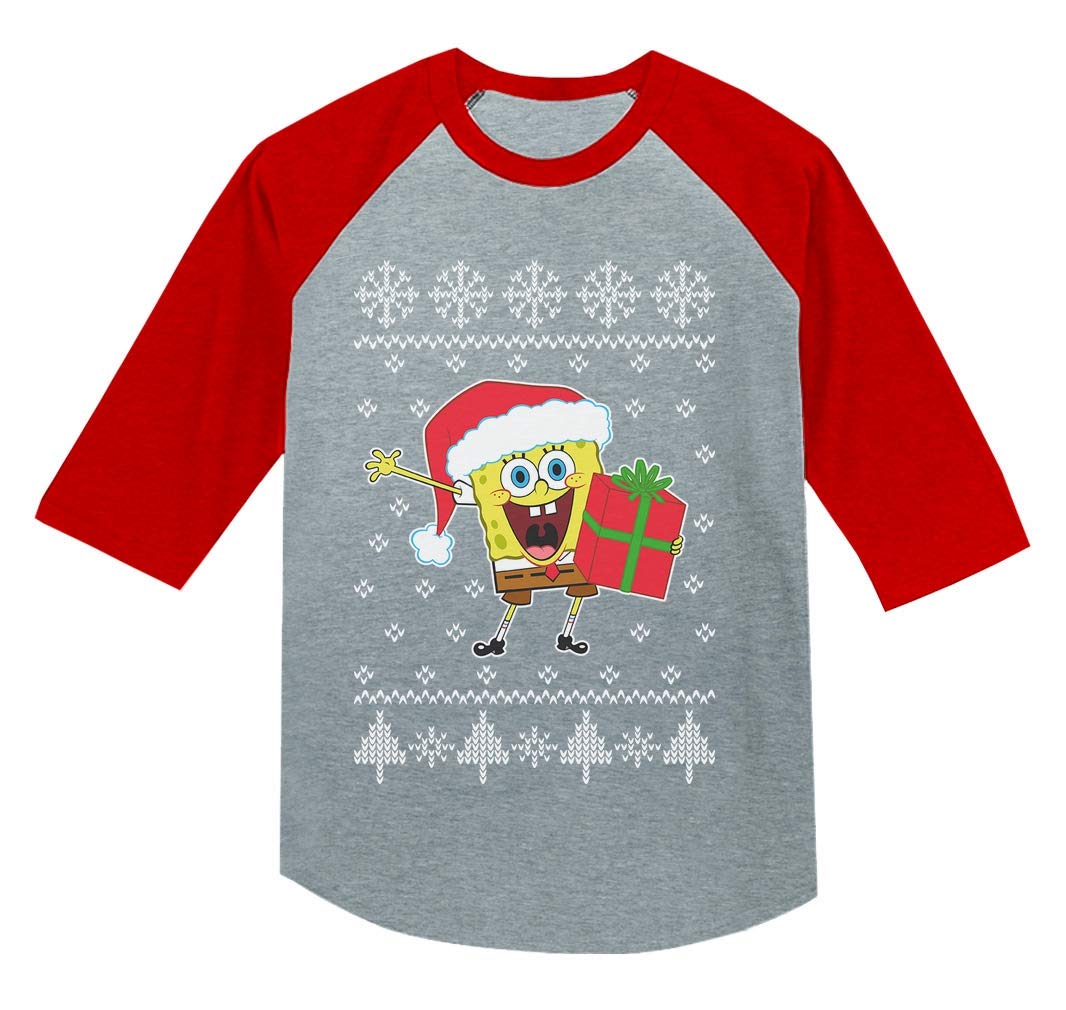 Spongebob Santa Ugly Christmas Sweater 3/4 Sleeve Baseball Jersey for Toddlers | Holiday Party Outfit & Family Matching Christmas Pajamas
