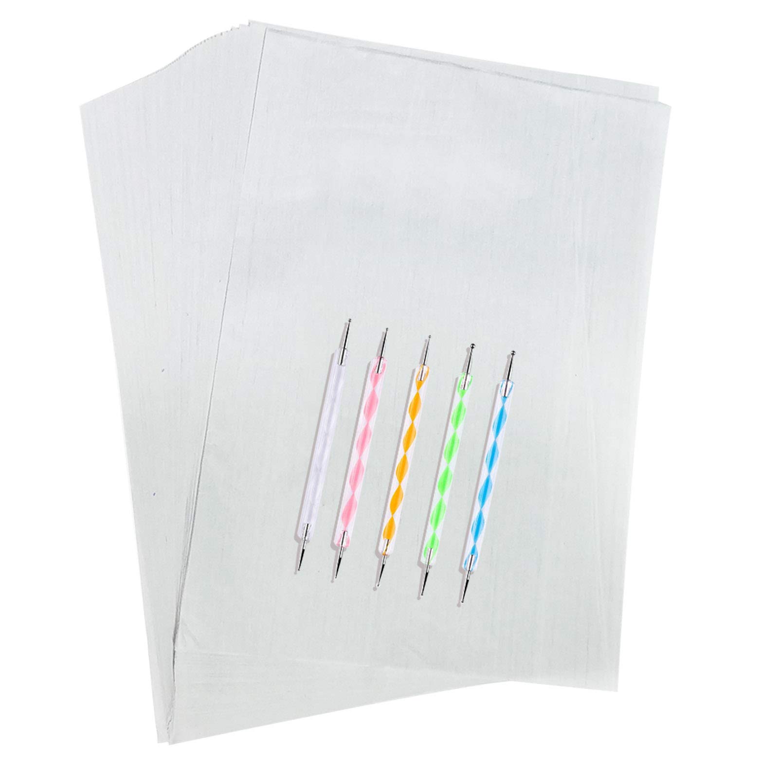 100 Sheets White Carbon Transfer Paper Tracing Paper - 11.7 x 8.3 Inch Carbon Graphite Copy Paper with 5PCS Embossing Stylus Dotting Tools for Canvas, Paper, Wood - Perfect for DIY Woodworking, Hand Painting, Tattoo Stencils & Craft Projects