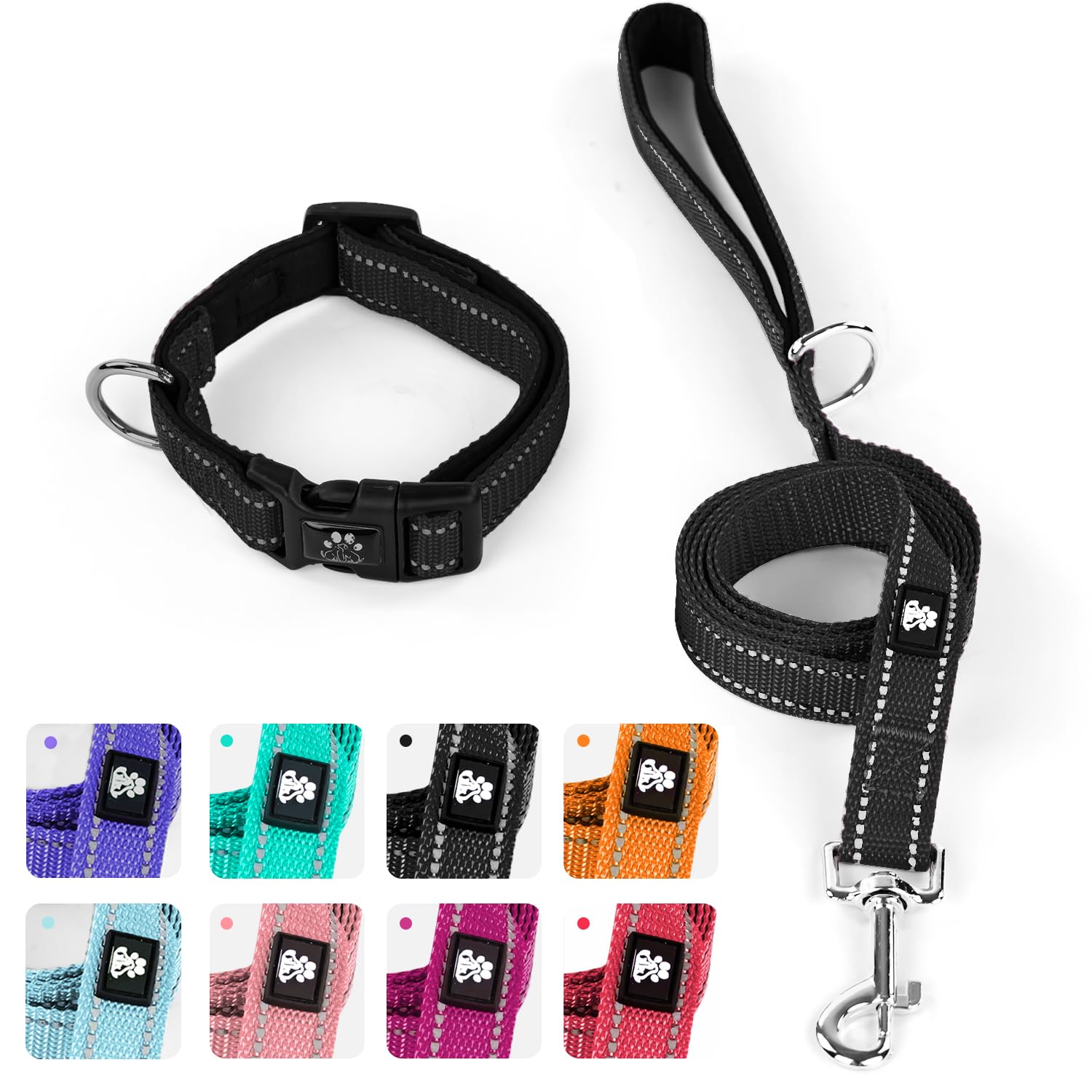 IVY&LANE Reflective Adjustable Neoprene Padded Dog Collar with 5FT Nylon Leash Set - Breathable Comfort for Small Medium Large Dogs & Puppies - Perfect for Night Walks, Jogging & Outdoor Adventures (XS, Black)