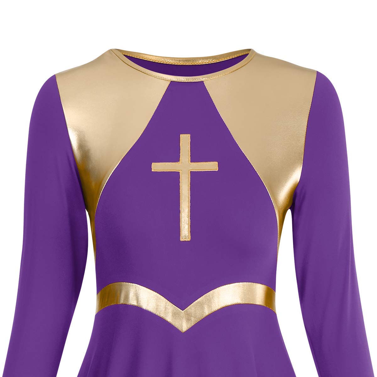 Metallic Cross Praise Dance Dresses for Women - Liturgical Worship Long Sleeve Loose Fit Full Length Dress - Perfect for Church Performances, Gospel Choir & Spiritual Dance Events